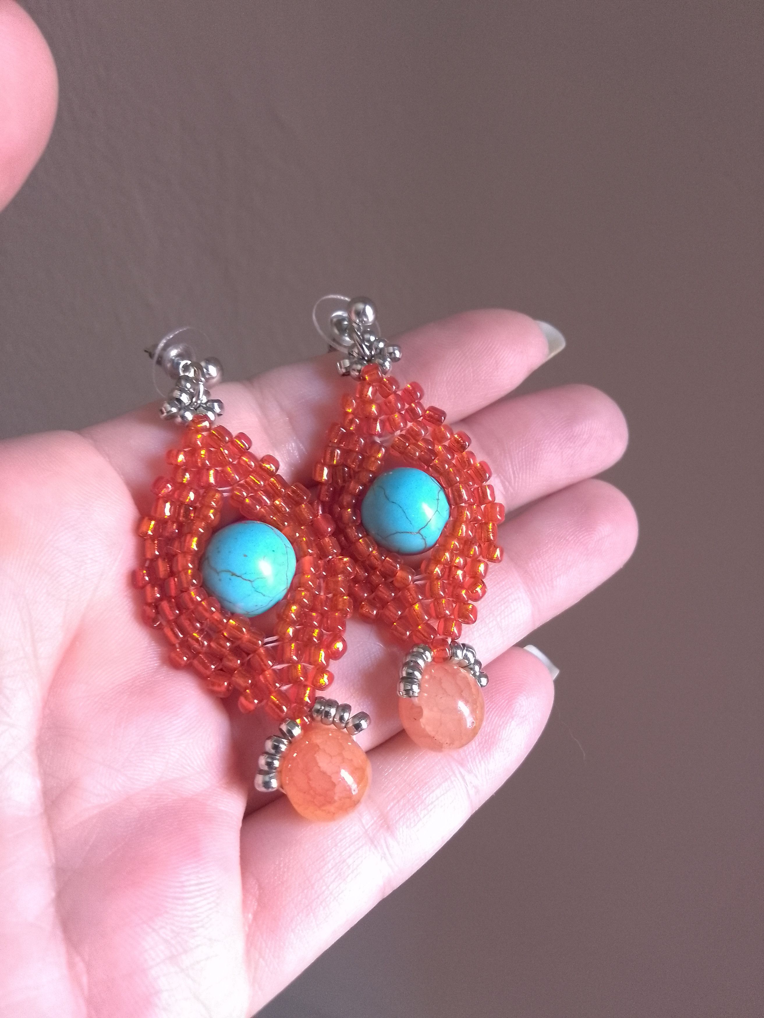 Handmade Dangling Earrings Turquoise Howlite, orange Agate gemstones Size ONE SIZE - 2 Thumbnail