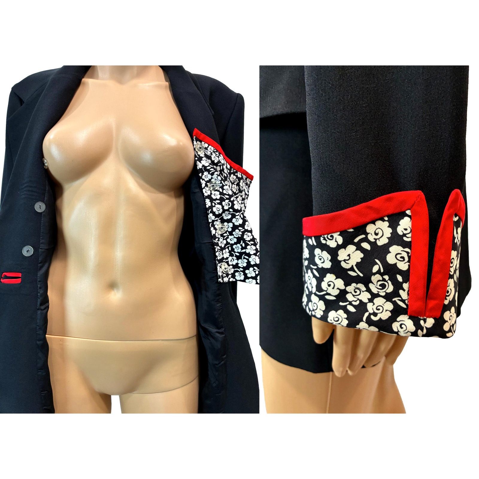 Vintage 90s Statment Blazer Black Red Trim Gold Button Floral Cuffs Size M / US 6-8 / IT 42-44 - 5 Thumbnail