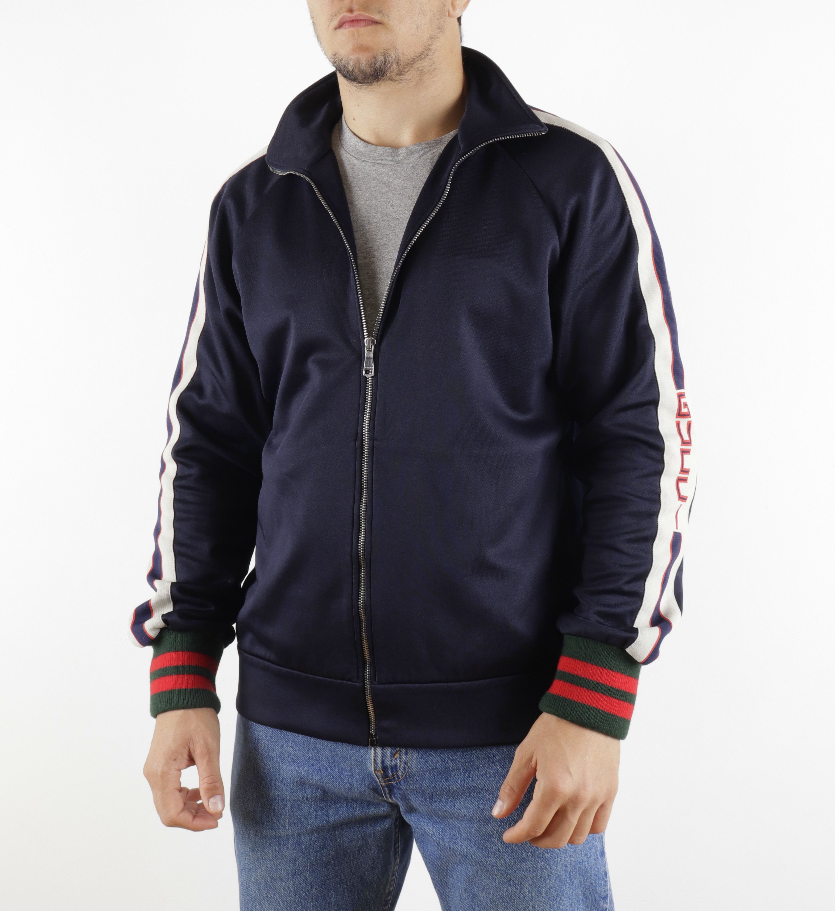 Gucci GUCCI Web Logo Navy Blue Jersey Track Zip-Up Jacket Size US M / EU 48-50 / 2 - 5 Thumbnail