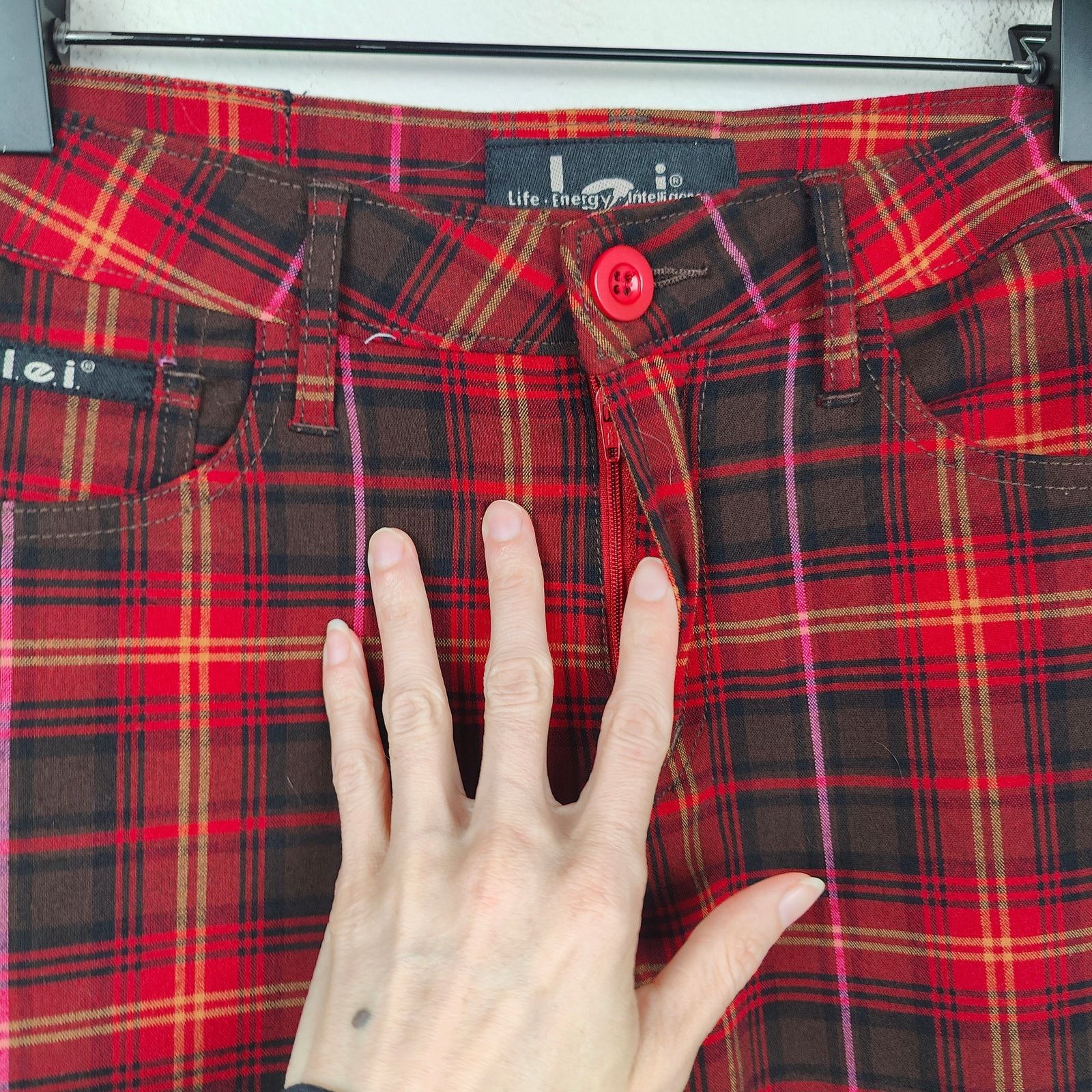 Other Vintage Y2K L.E.I. Plaid Flare Pants Womens 8/9 Red Emo Goth Size 30" / US 8 / IT 44 - 3 Thumbnail