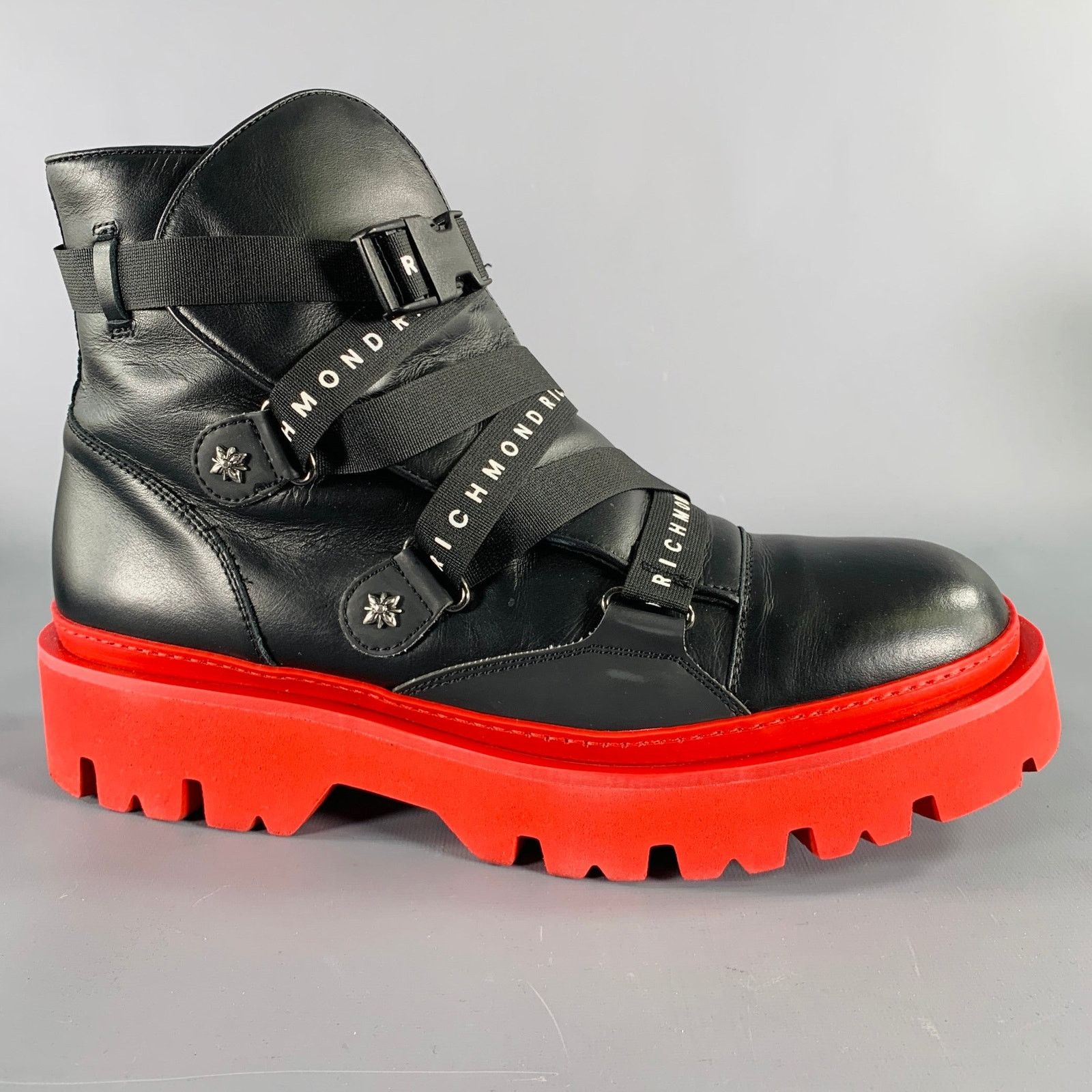 John Richmond Size 13 Black Red Solid Leather Track Sole Boots Size US 13 / EU 46 - 2 Thumbnail