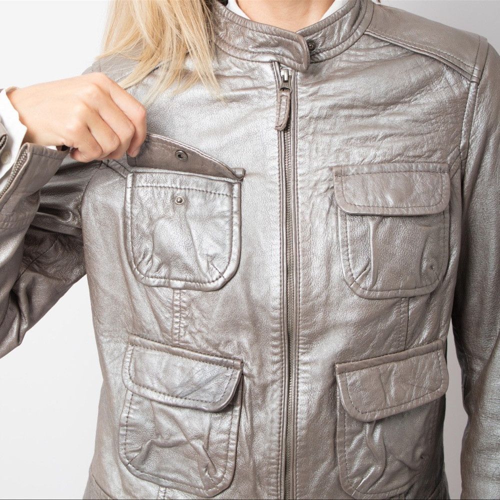 BODEN Vintage 90s Y2K Silver Metallic Leather Jacket Racing