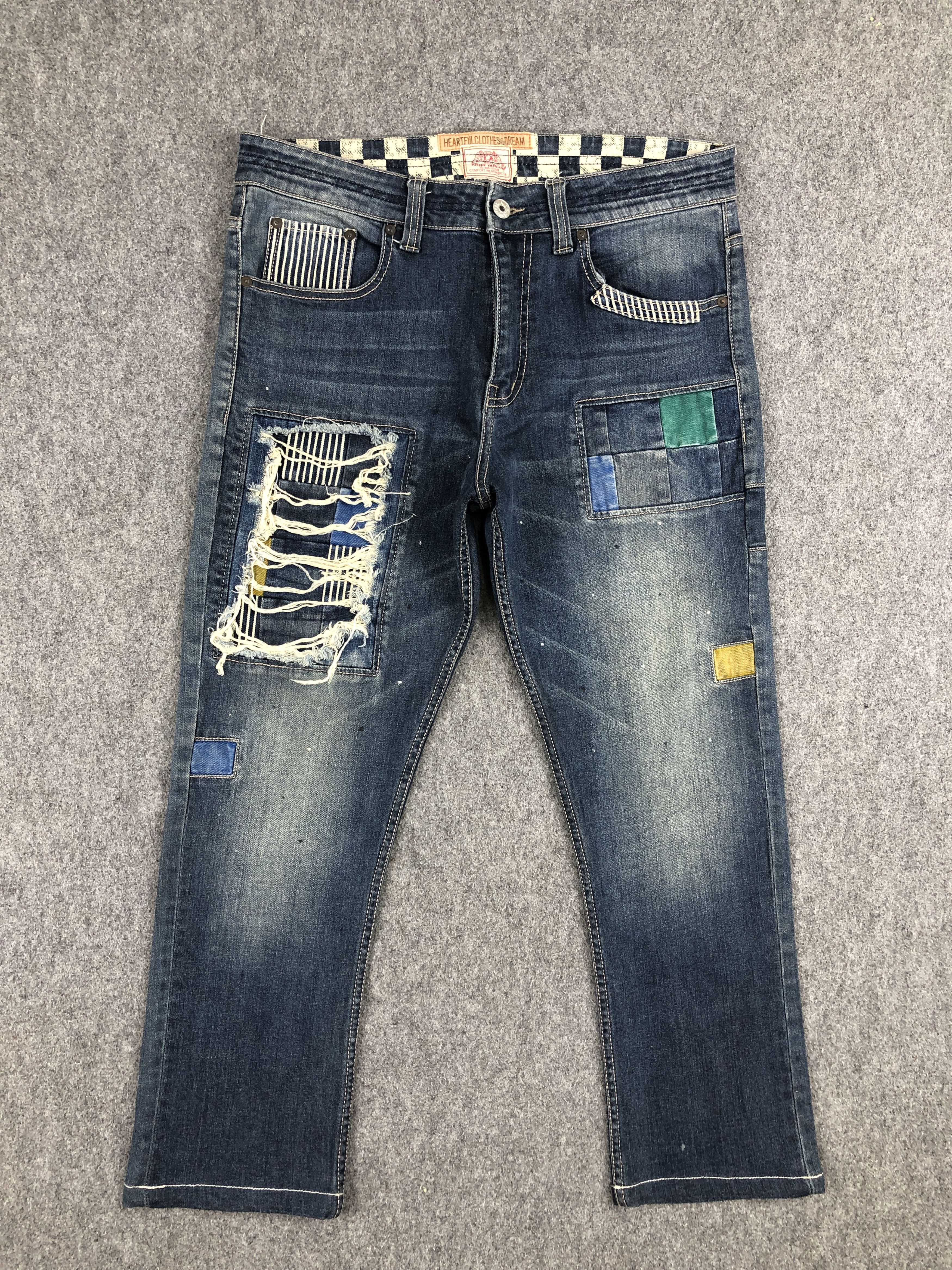 image of Avant Garde x Vintage Kriff Mayer Patchwork Distressed Jeans in Blue Denim, Men's (Size 33)