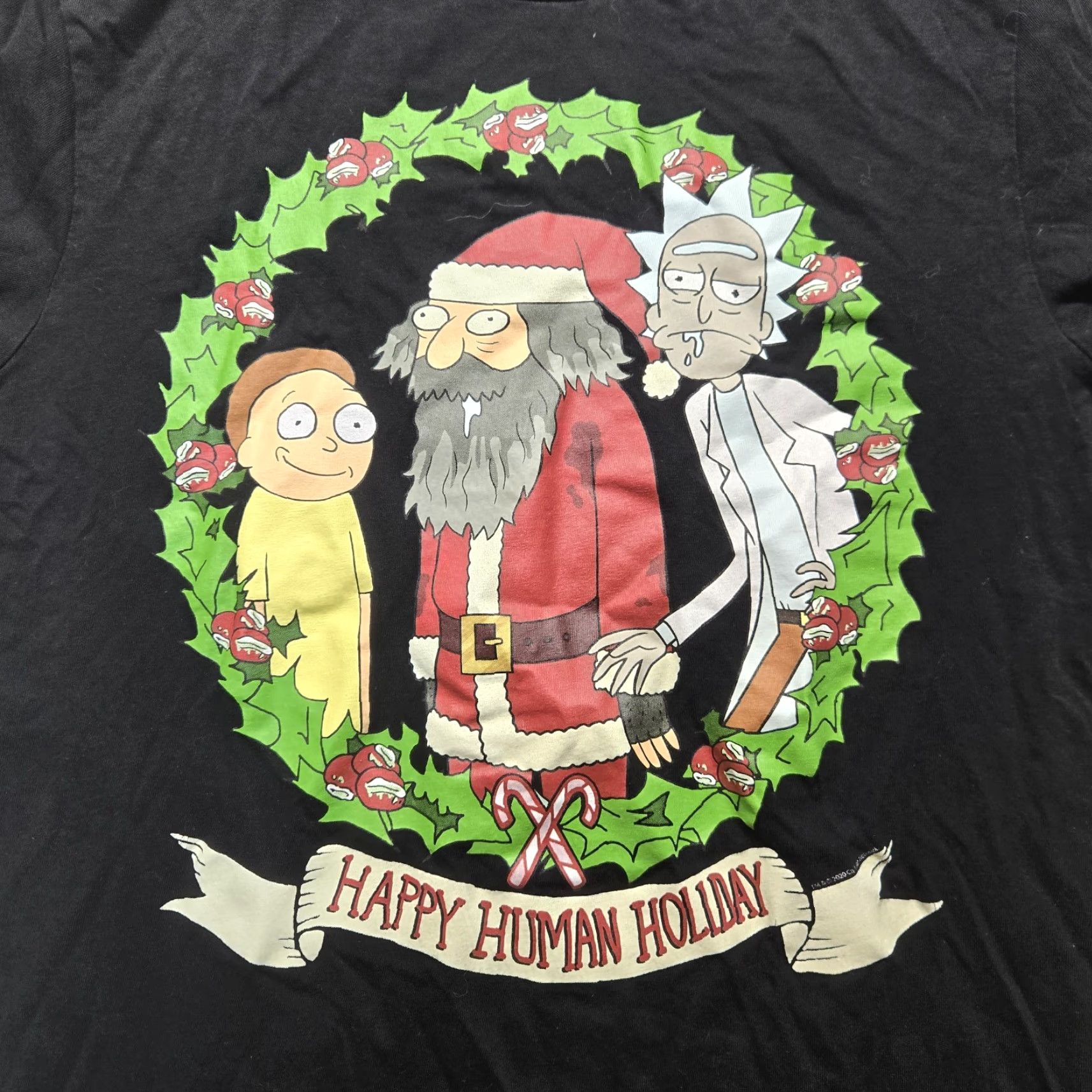 Delta Rick & Morty Happy Human Holiday Graphic Black T-Shirt Christmas Men's S Small Shirt Mens Christmas Holiday Graphic Print Cotton Delta | 90s? Size US S / EU 44-46 / 1 - 2 Thumbnail
