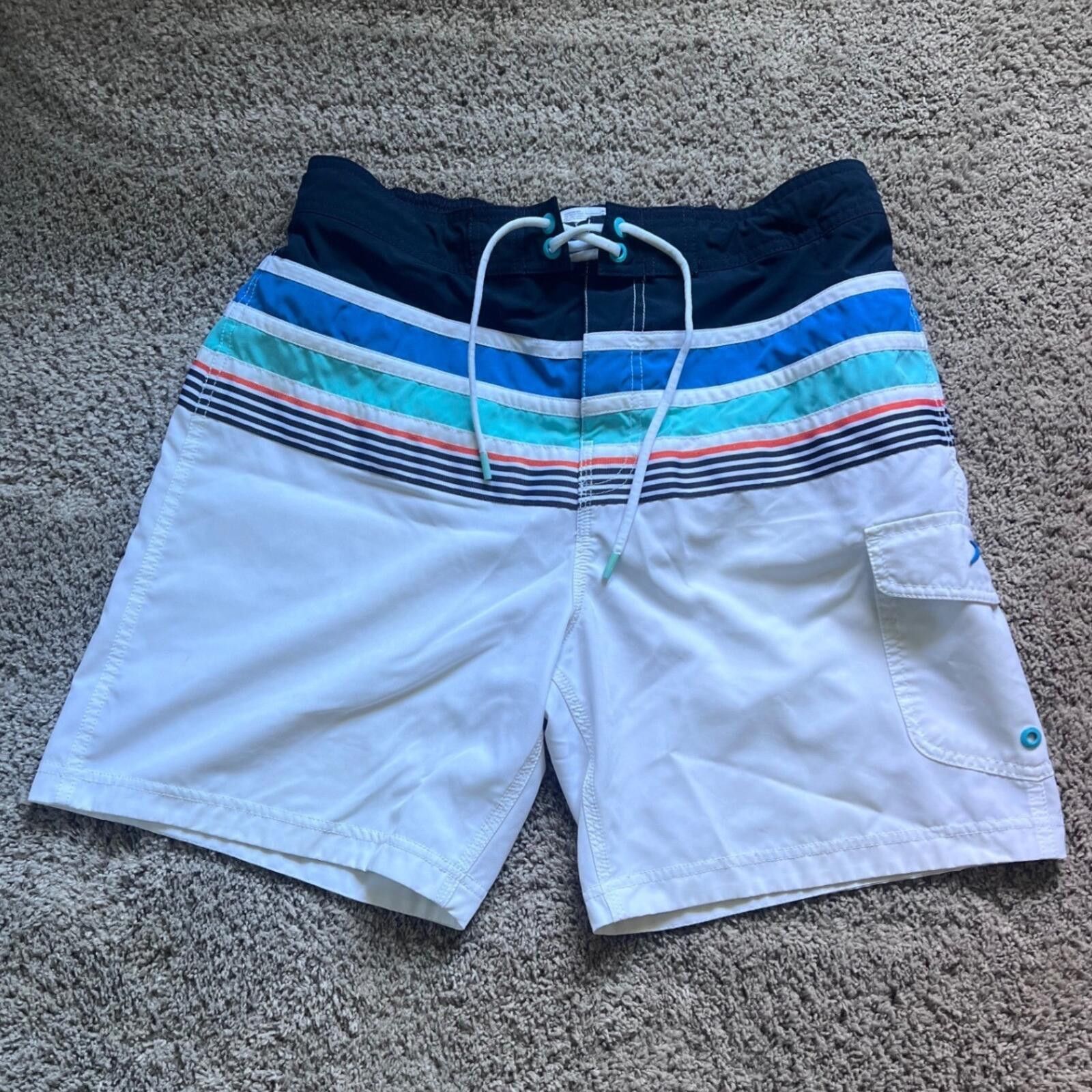 Speedo Speedo Mens Board Shorts White Striped Swim Trunks Size M Size US 32 / EU 48 - 1 Thumbnail