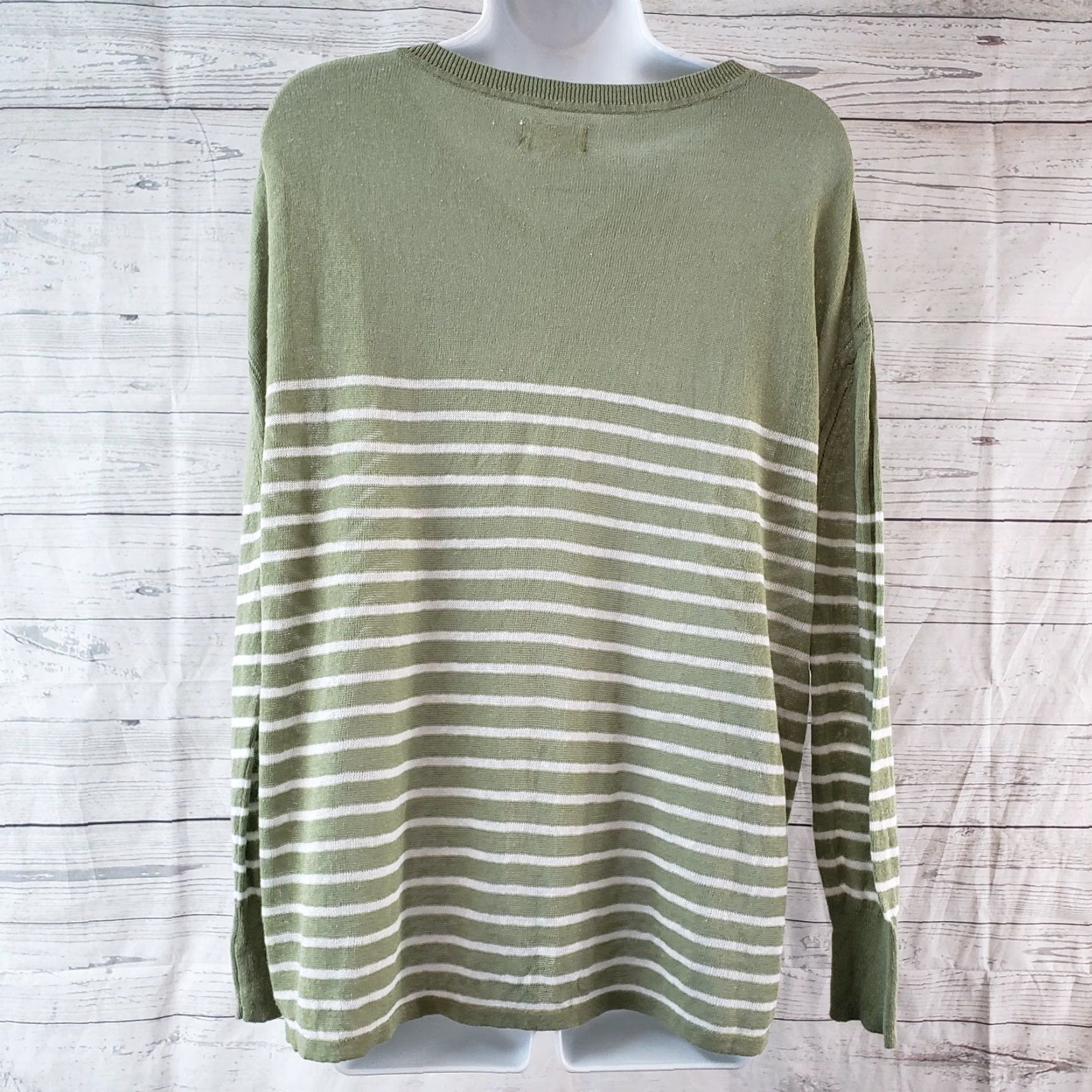 Lou & Grey Lou & Grey Womens Knit Top Striped Long Sleeve V-Neck Linen Blend Sz S Green White Shirt Blouse Size S / US 4 / IT 40 - 4 Thumbnail