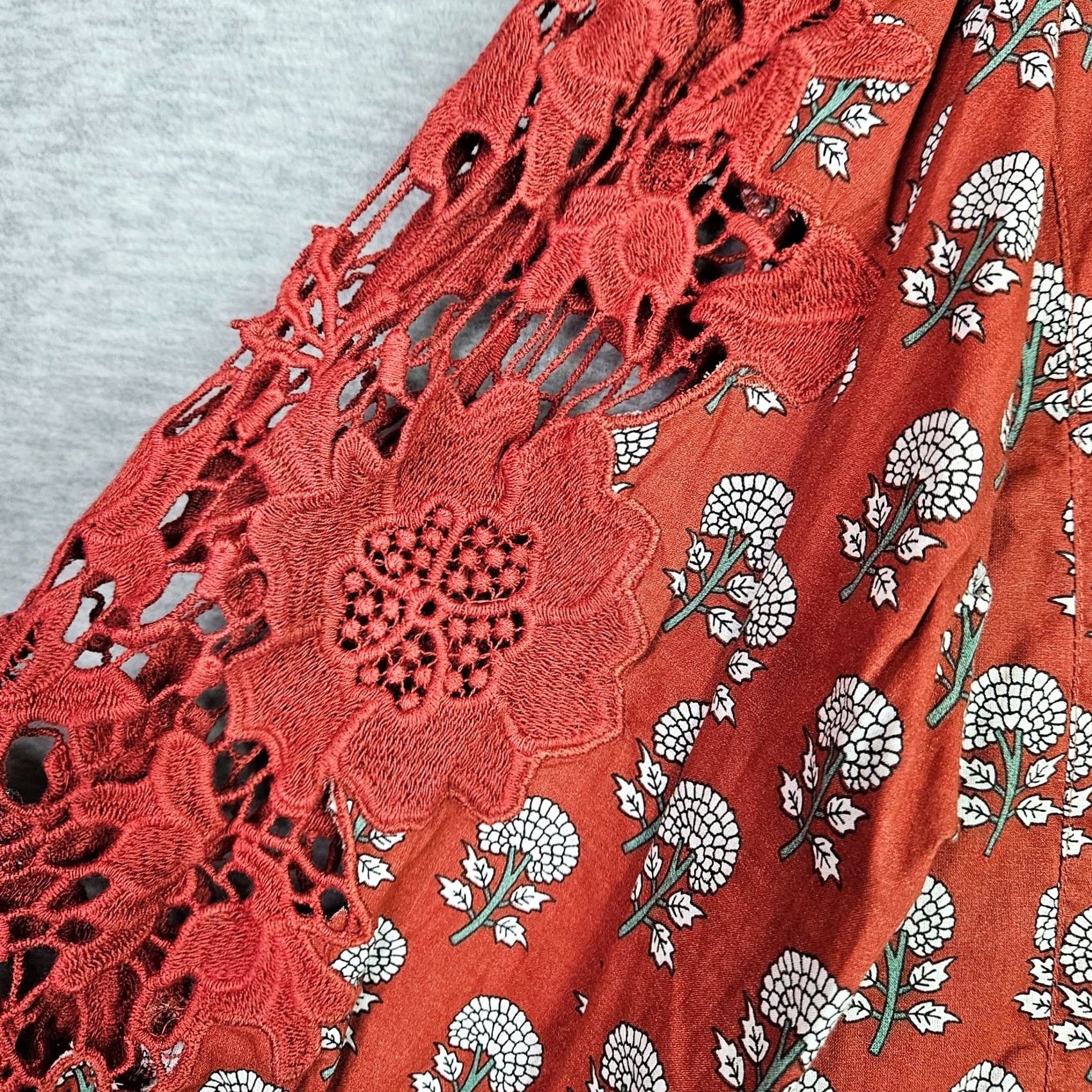 Rusty Solitare Blouse Women's Regular Size M Red Floral Lace Crochet Sleeve Knit Cotton Blend Shirt Size M / US 6-8 / IT 42-44 - 3 Thumbnail