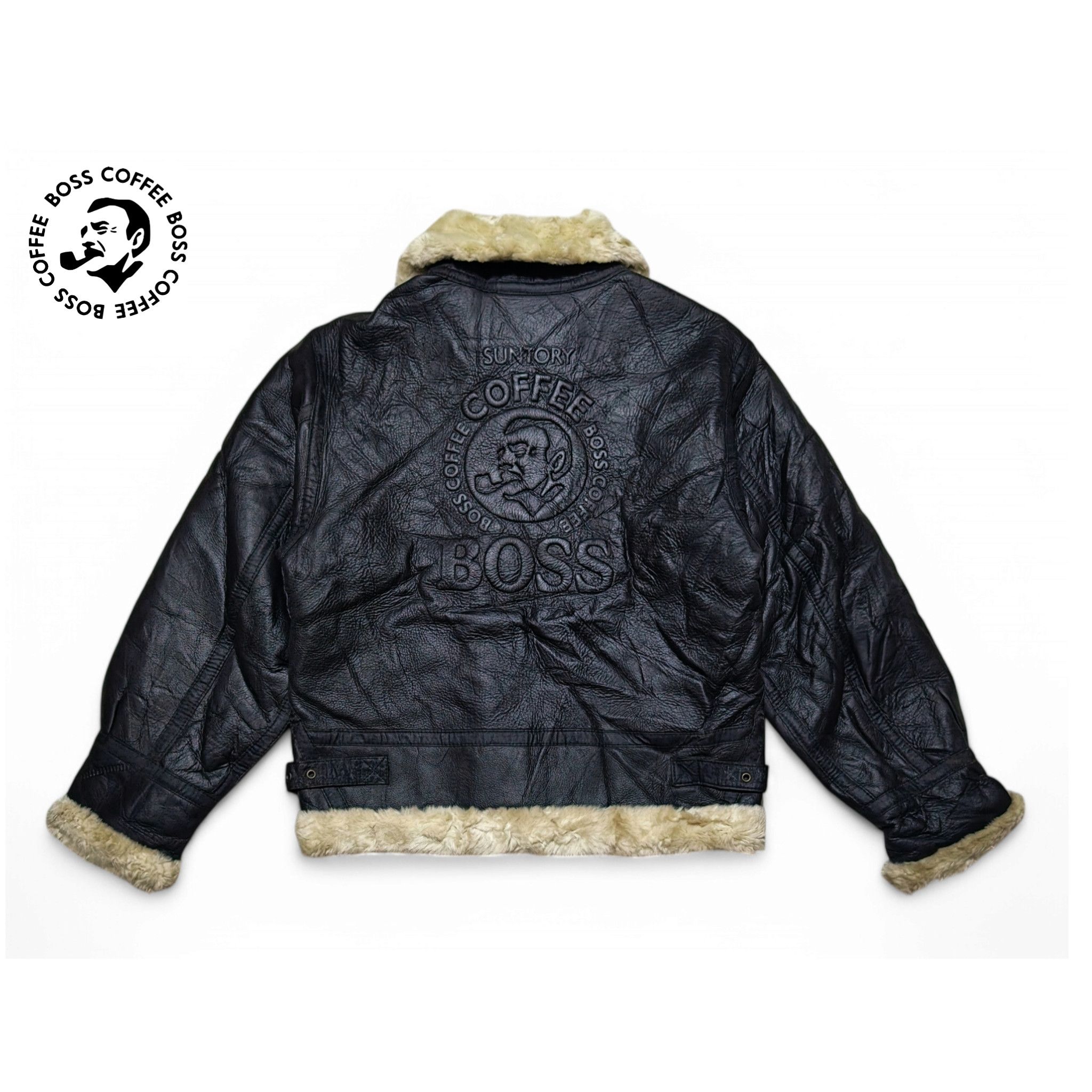 Vintage Suntory Boss Coffee Shearling Leather Jacket