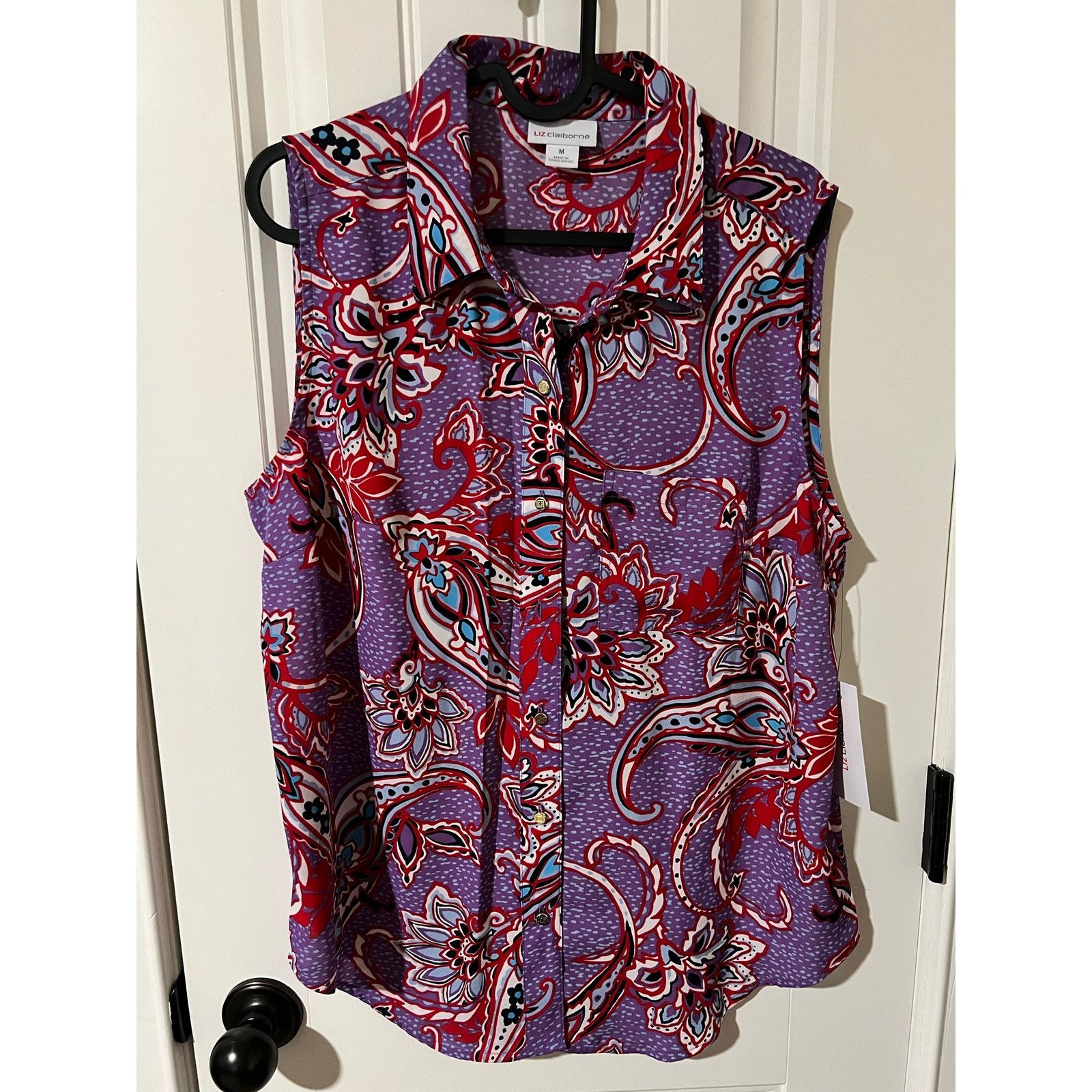 Liz Claiborne Sleeveless Blouse Purple Bloom Paisley Medium Top Pocket Size M / US 6-8 / IT 42-44 - 2 Thumbnail