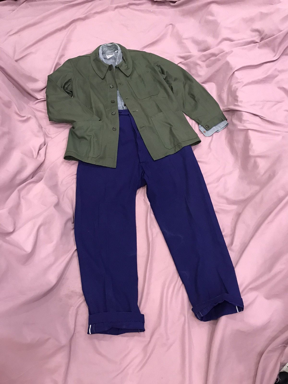 Other 60s FRENCH ARMY CHORE COAT sage, like new stiff work jacket Size US M / EU 48-50 / 2 - 6 Thumbnail