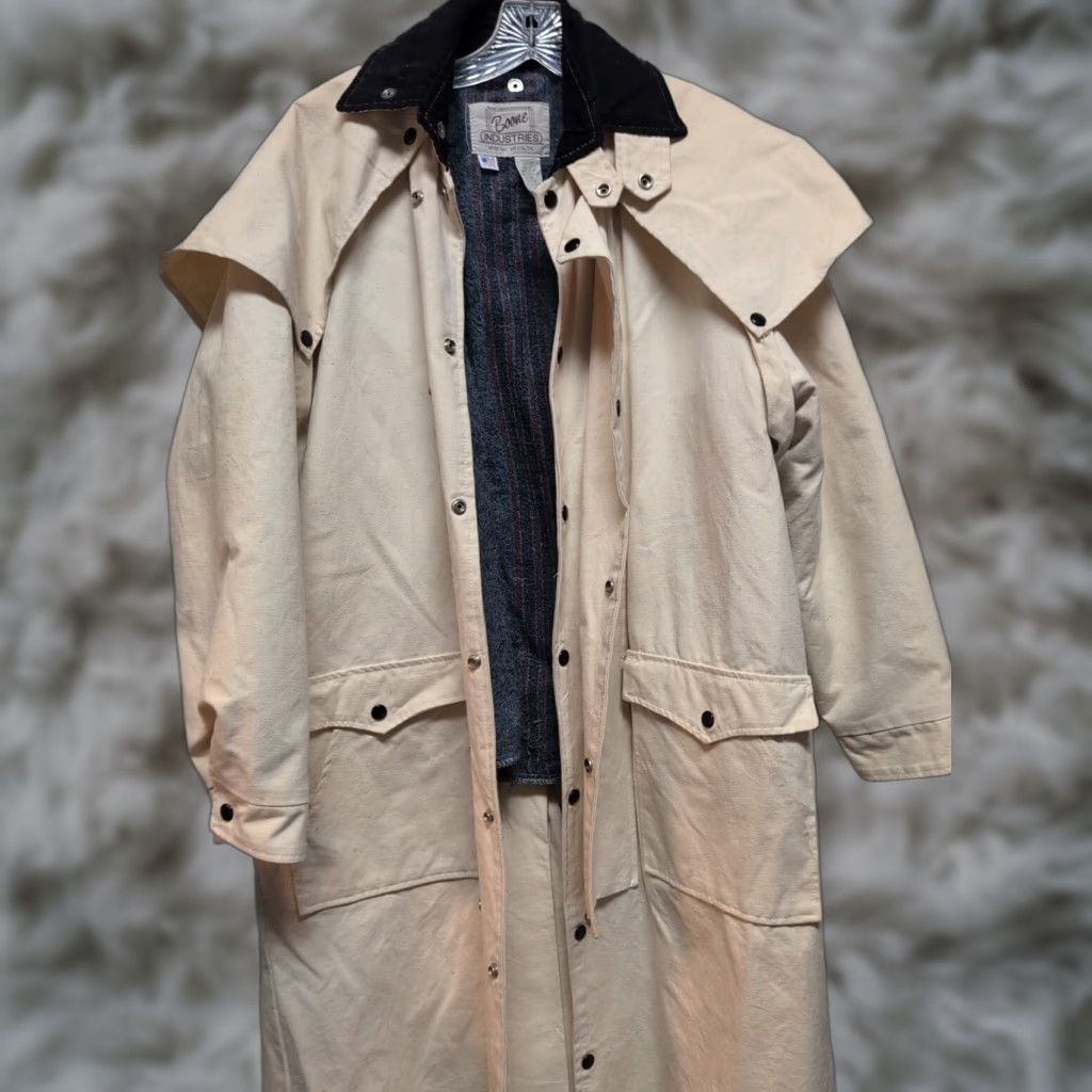 VINTAGE Boone Duster Coat Western Blanket Lined Beige Size L Men Capes Detachable Cape Corduroy Collar Long Coat Casual 44 Chest 52 Shoulder to Hem