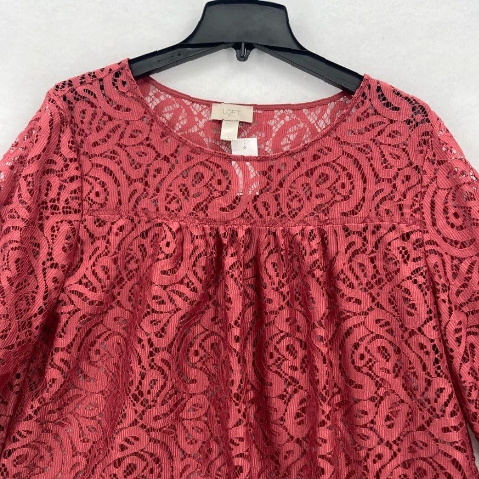 Loft LOFT Outlet Lace Top Women's Large Mauve 3/4 Sleeve Boho Feminine Nylon Sheer Shirt Size L / US 10 / IT 46 - 2 Thumbnail