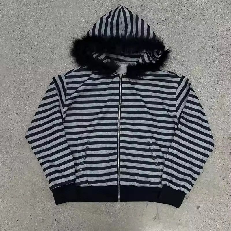 Japanese Brand Black and Grey Fur Lined Striped Hoodie Size US L / EU 52-54 / 3 - 1 Thumbnail