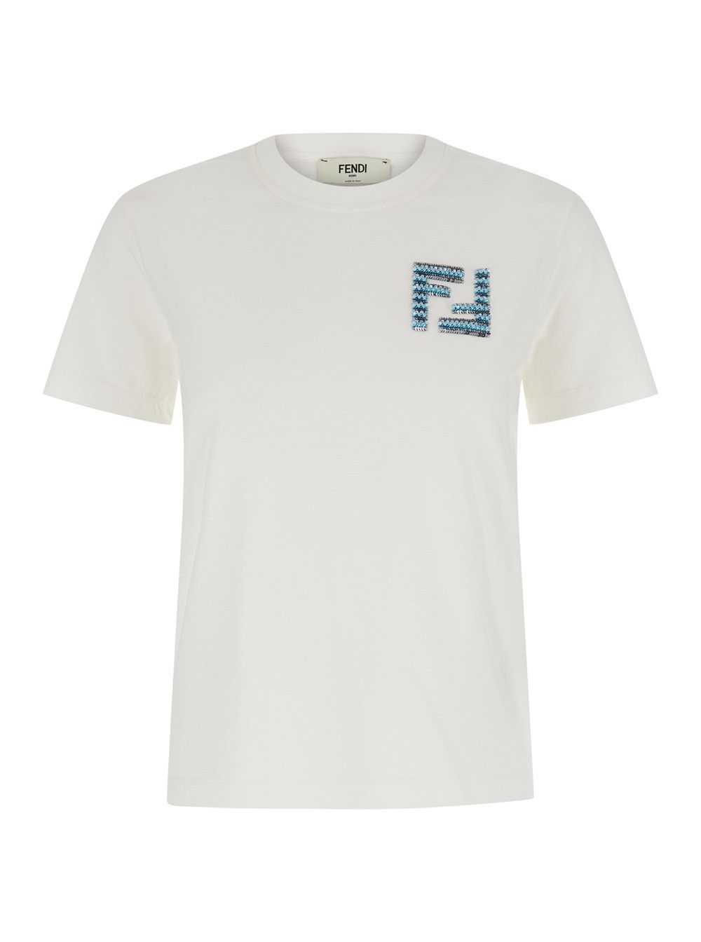 Fendi White Crewneck T-Shirt with Logo Detail on the Front in Cotton Woman Size XS / US 0-2 / IT 36-38 - 1 Thumbnail