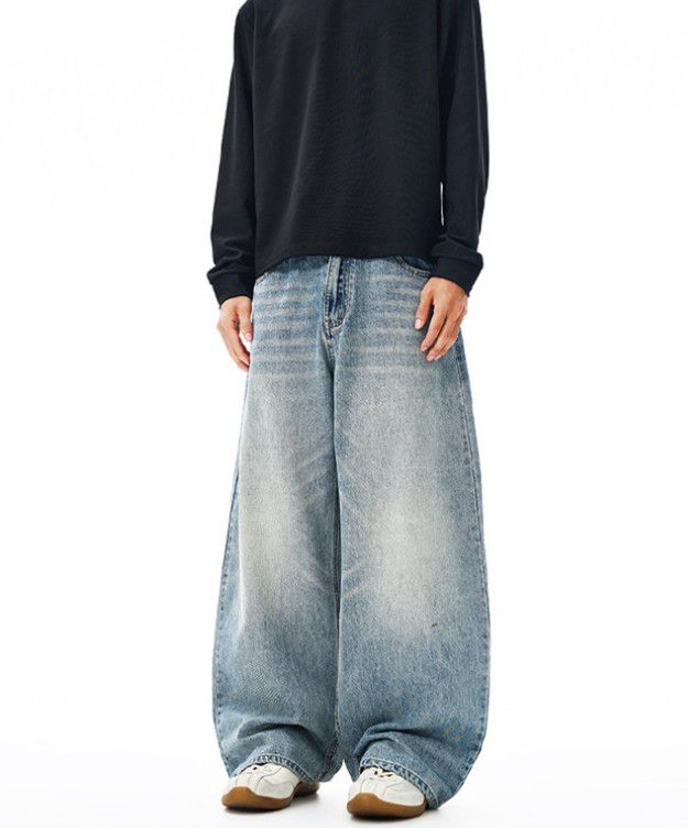 Vintage Punk washed distressed wide-leg men's scimitar jeans Size US 32 / EU 48 - 2 Thumbnail