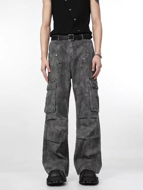 VIBE Vintage studded pleated pocket cargo denim trousers Size US 34 / EU 50 - 6 Thumbnail