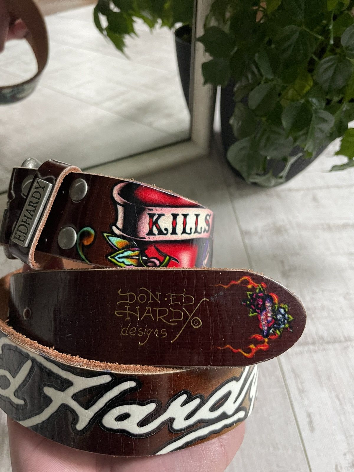 Christian Audigier × Ed Hardy Vintage Ed Hardy Brown Belt Skull Japan Style RARE Size 30 - 5 Thumbnail