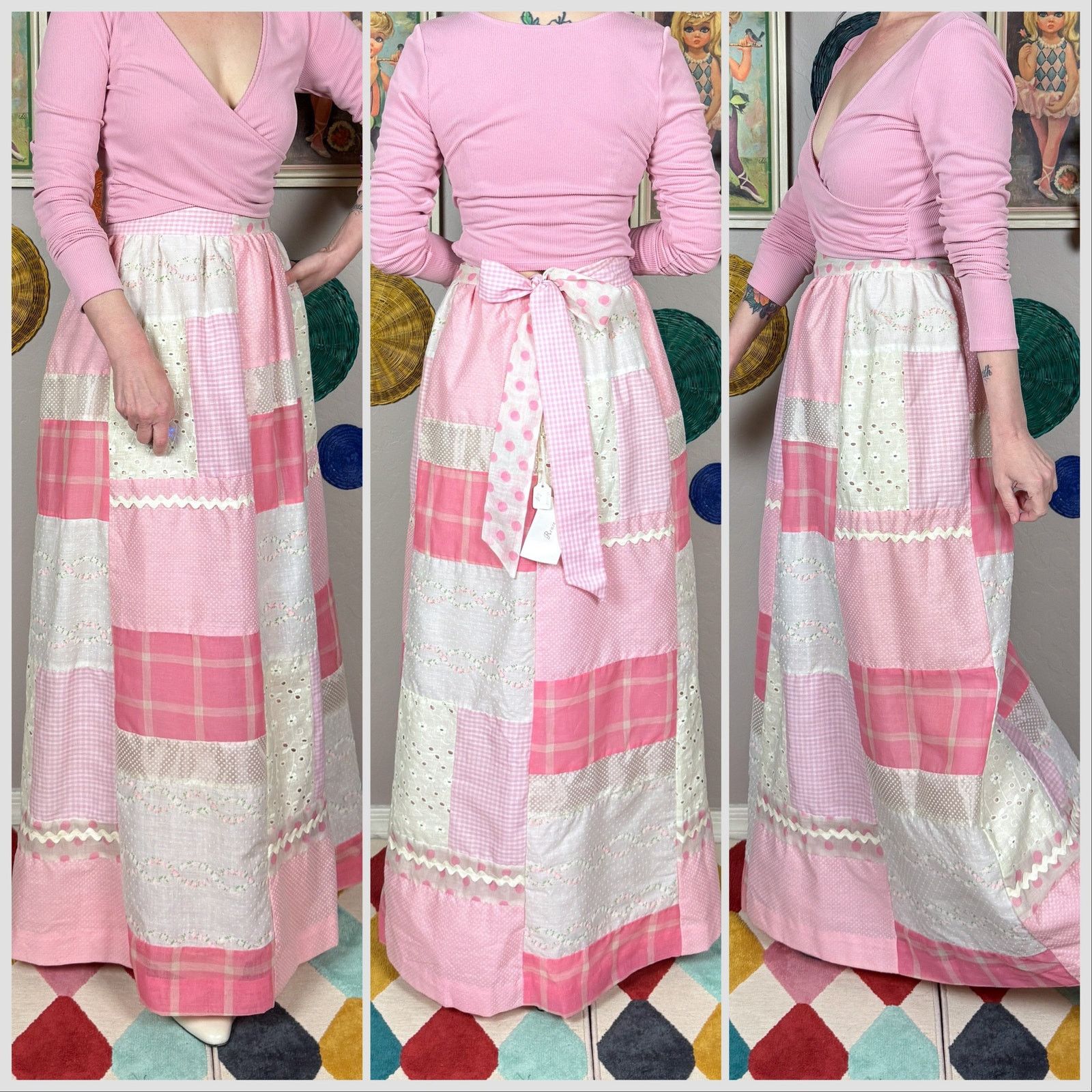 Vintage Vintage 1970s Pink and White Patchwork Peasant Maxi Skirt Size 30" / US 8 / IT 44 - 2 Thumbnail