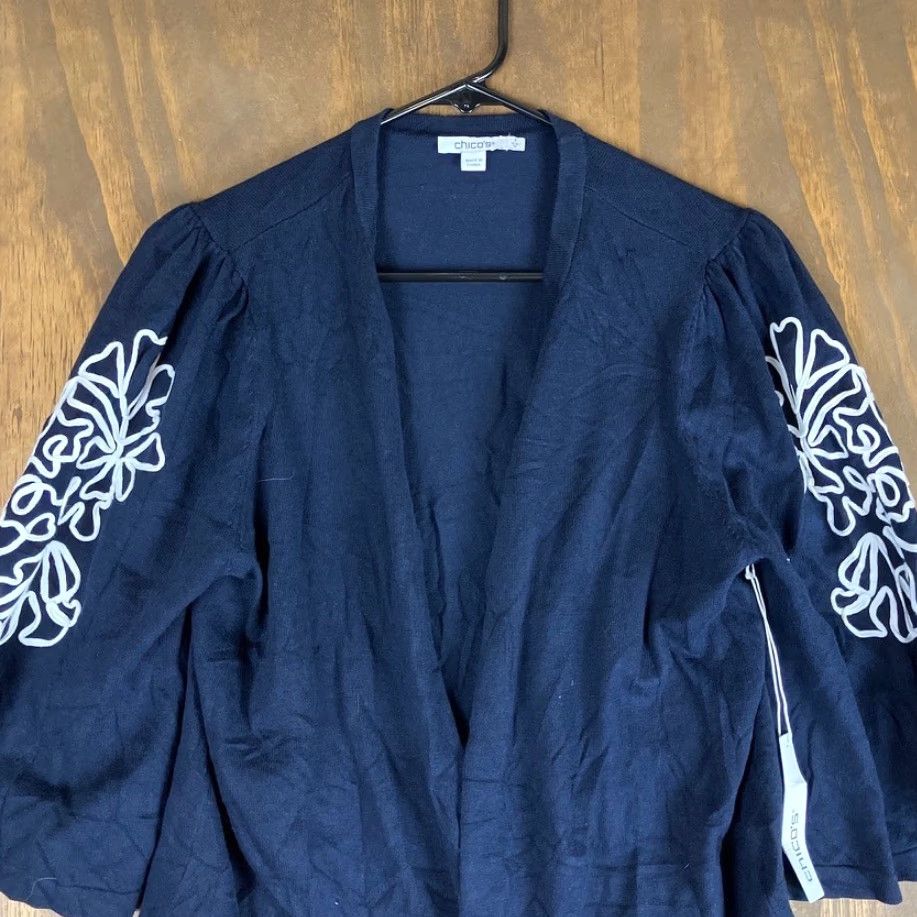 Vintage Chicos Sweater Women Navy Soutache Embroidered Open Front 3/4 Sleeve M Cardigan Knit Lightweight All Seasons Casual Formal Workwear Size M / US 6-8 / IT 42-44 - 2 Thumbnail
