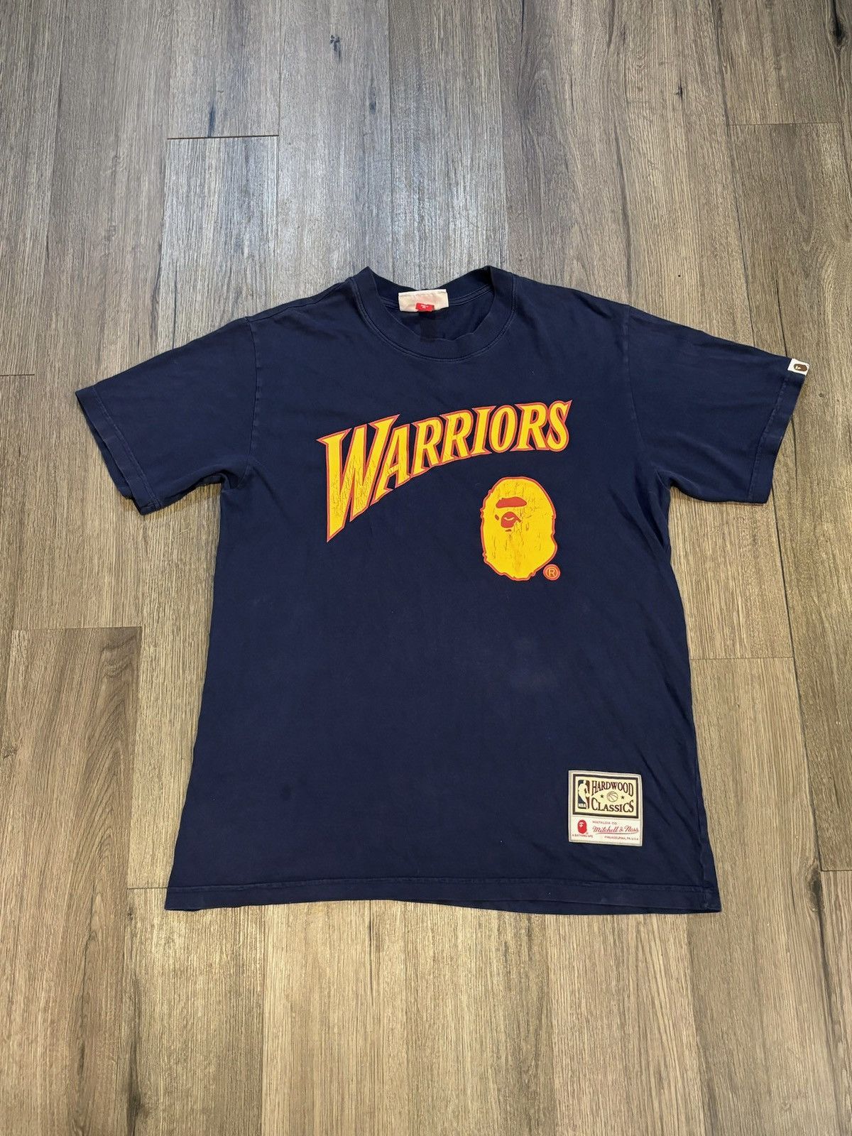 Image of Bape X Mitchell & Ness Golden State Warriors Tee in Navy, Men's (Size Small)