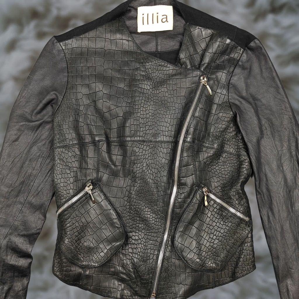 Vintage Illia Jacket Womens Black Leather Croc Embossed Moto Asym Zip Pockets Stretch 0 Size XS / US 0-2 / IT 36-38 - 1 Thumbnail