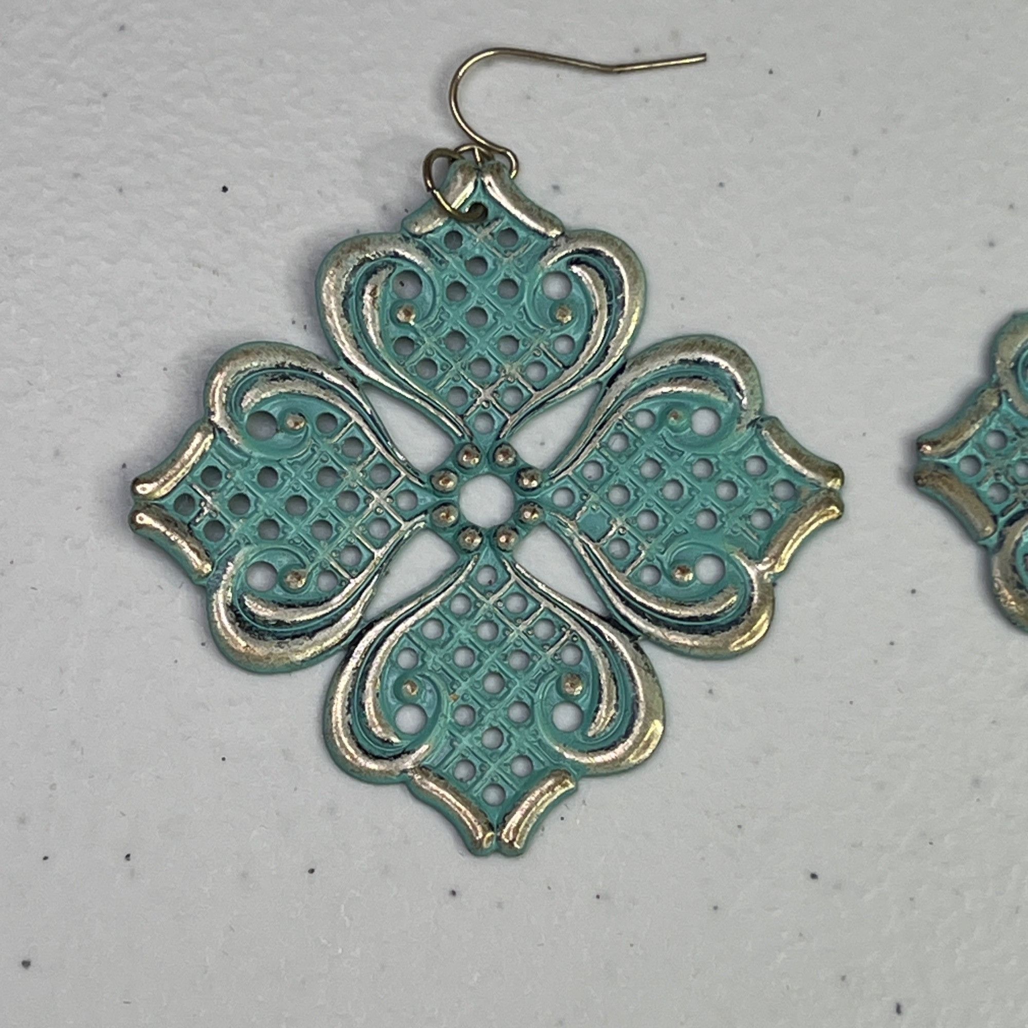 Vintage Ornate Filigree Mint Green Floral Earrings With Gold-Tone Size ONE SIZE - 5 Thumbnail