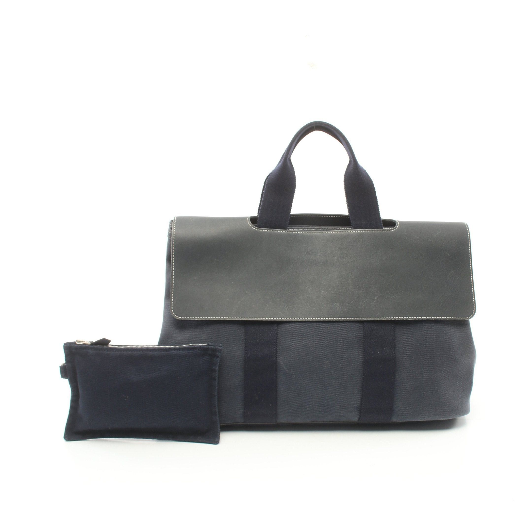 image of Hermes Valparaiso Mm Handbag Toile Chevron Leather Navy Black Silver Hardware, Women's