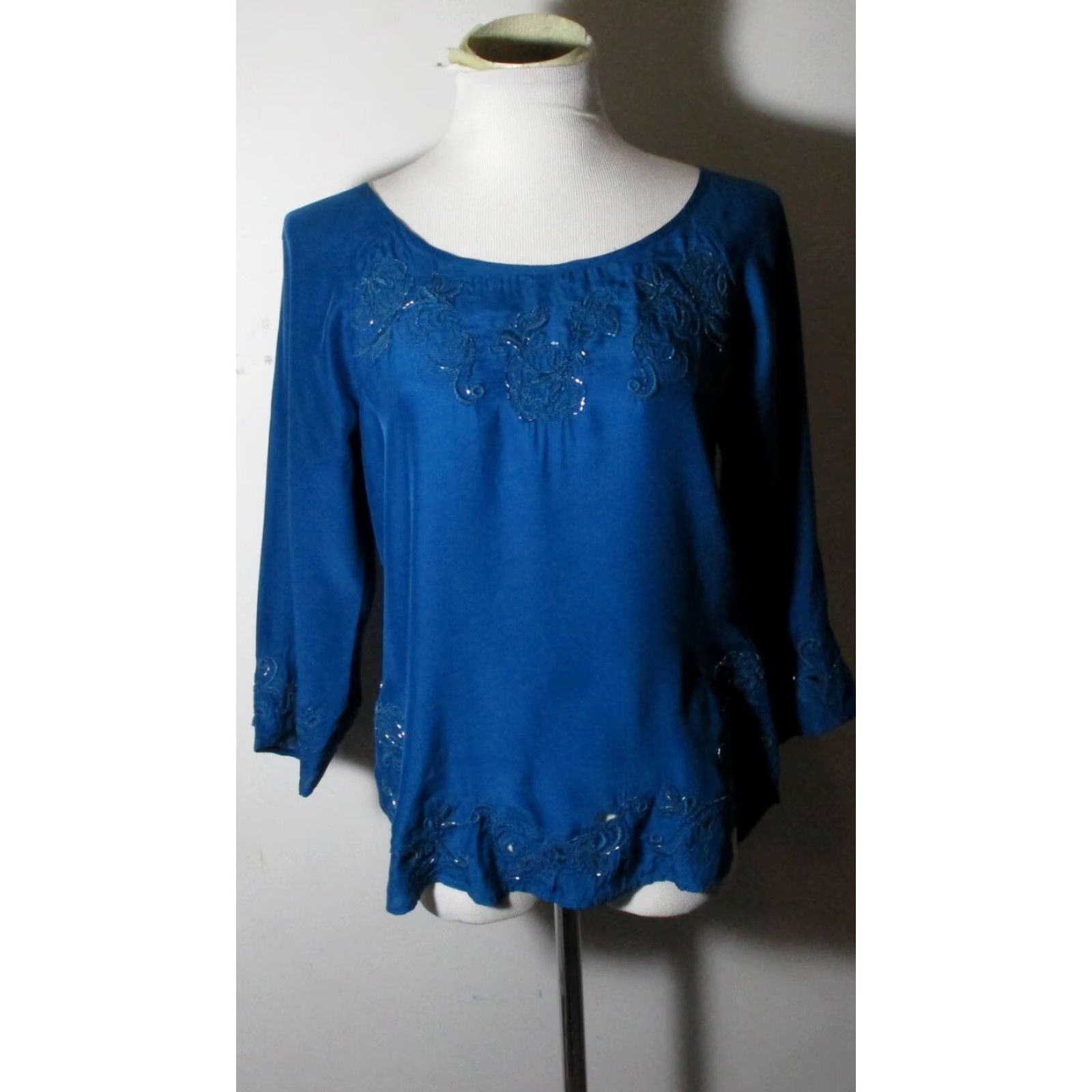 Lucky Brand LUCKY BRAND Top Silk Beaded Blue 100% Silk 3/4 Sleeve Size S Womens Size S / US 4 / IT 40 - 2 Thumbnail