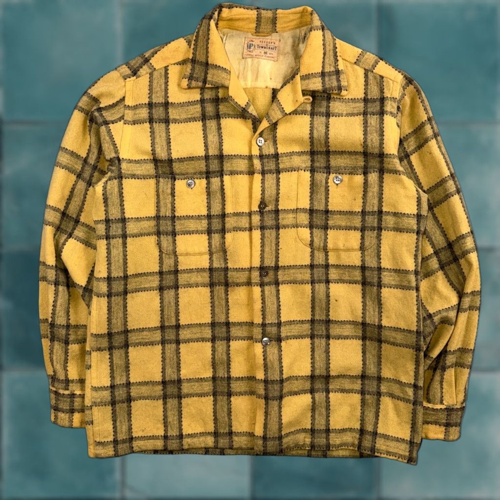 VINTAGE Penneys Towncraft Flannel Shirt Mens M Yellow Plaid 50s Rockabilly Wool Cotton Button-Up