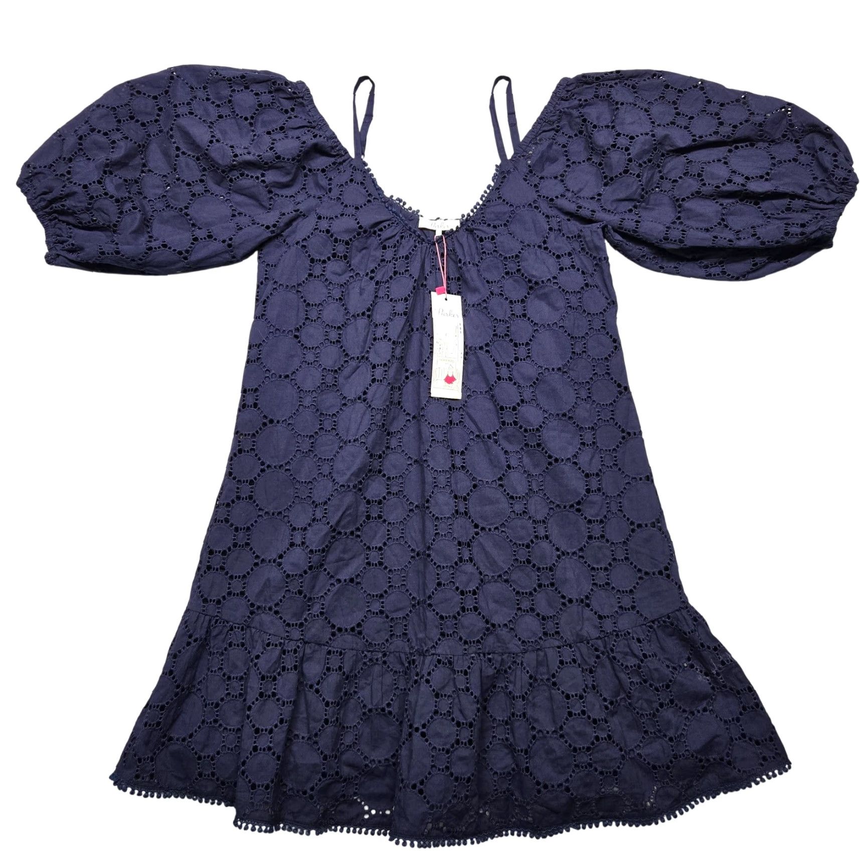 Parker Parker Womens Small Blue Eyelet Puff Sleeve Mini Dress Aquarius Off the Shoulder Short Sleeve Cotton 32.5in A-Line Bohemian Chic Dress Mens? Size S / US 4 / IT 40 - 2 Thumbnail