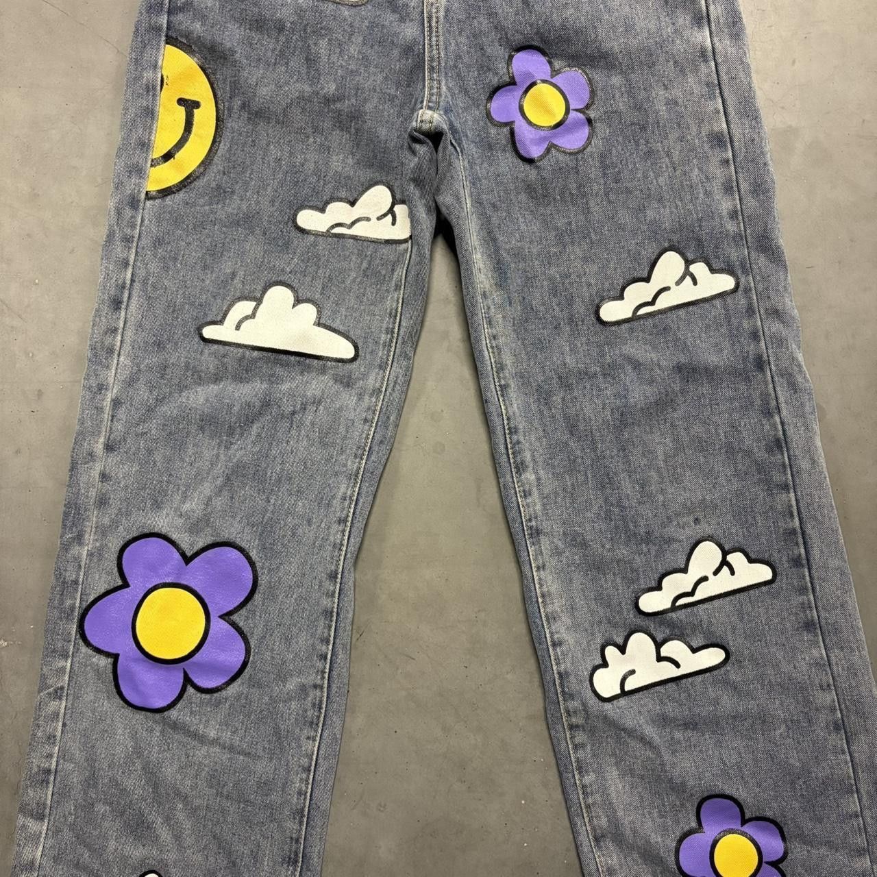 Vintage Crazy Vintage Y2K/2000s Baggy Patchwork Clouds Flowers Medium Wash Denim Jeans! Size 25" / US 0 / IT 36 - 4 Thumbnail