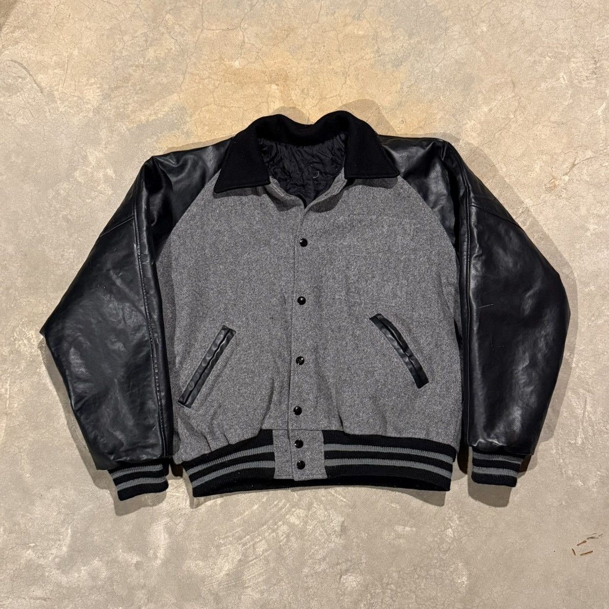 Vintage Vintage 1990s Wool Leather Varsity Jacket Black Grey ERD Size US L / EU 52-54 / 3 - 1 Thumbnail