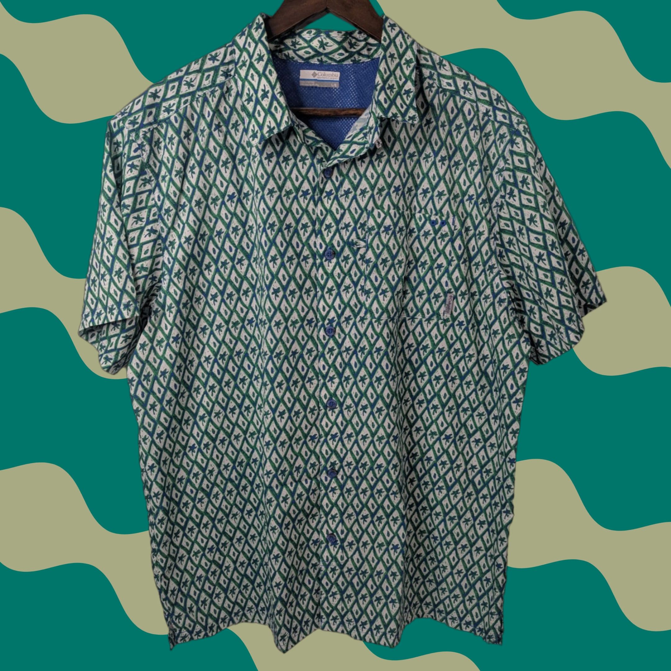 Vintage Columbia PFG Short Sleeve Shirt Mens Large Green Blue Outdoor Fishing Button Up Size US L / EU 52-54 / 3 - 1 Thumbnail