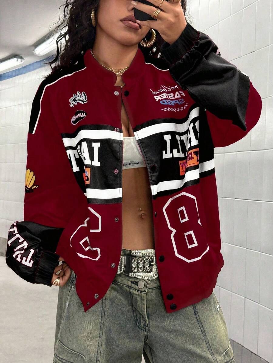 Women's Red Racing Jacket Moto Varsity Style