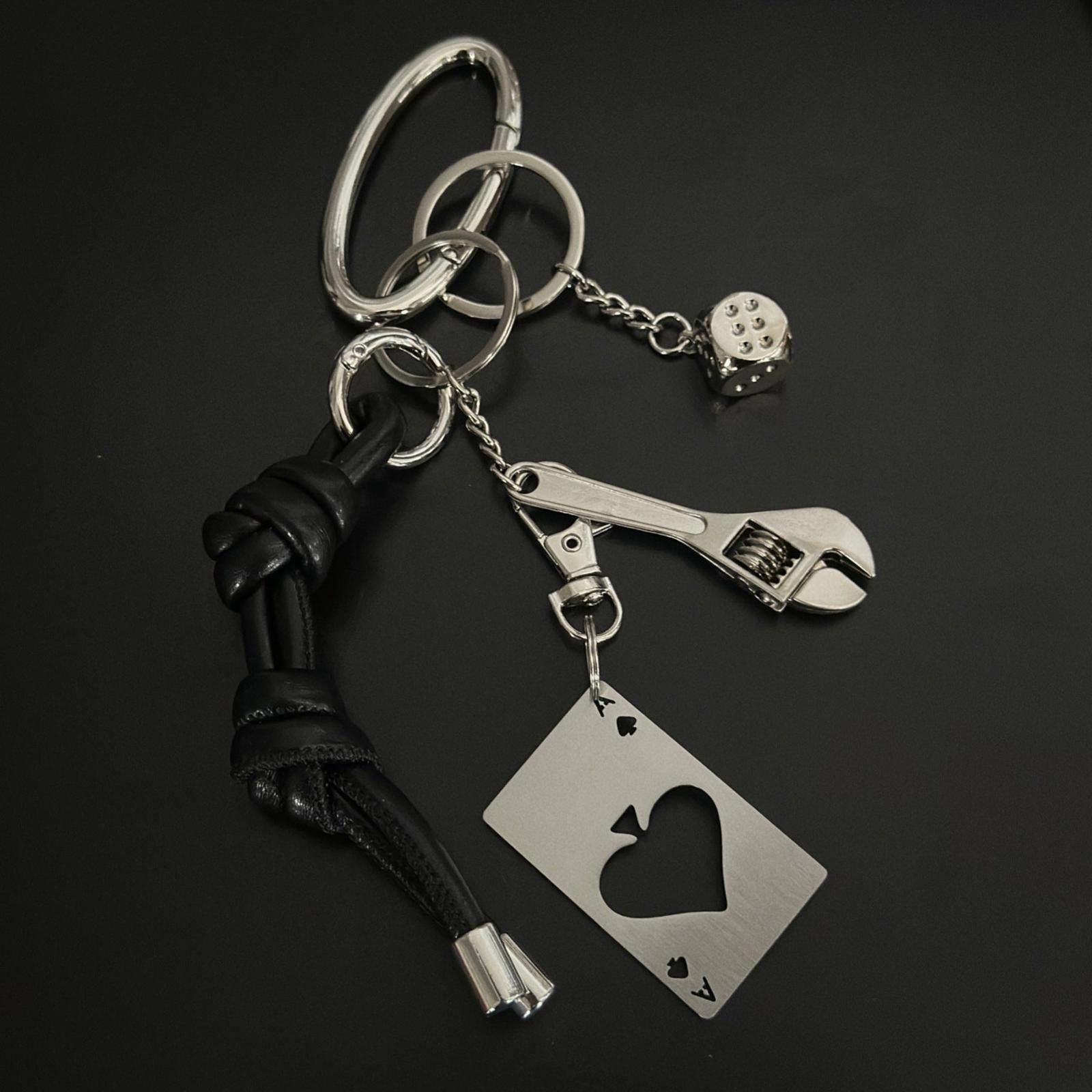 Jewelry Black Leather Knot Keychain with Metal Wrench & Dice Charms Size ONE SIZE - 2 Thumbnail