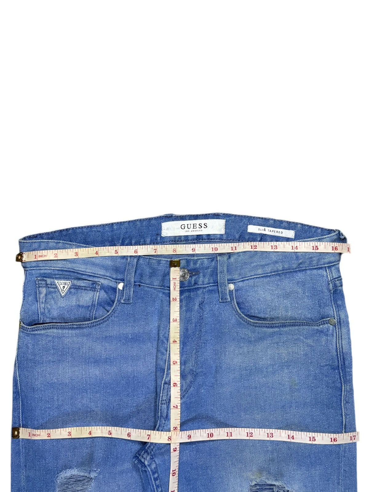 Guess × Vintage Vintage Guess Blue Wash Distressed Ripped Slim Tapered Jeans Size US 33 - 12 Thumbnail