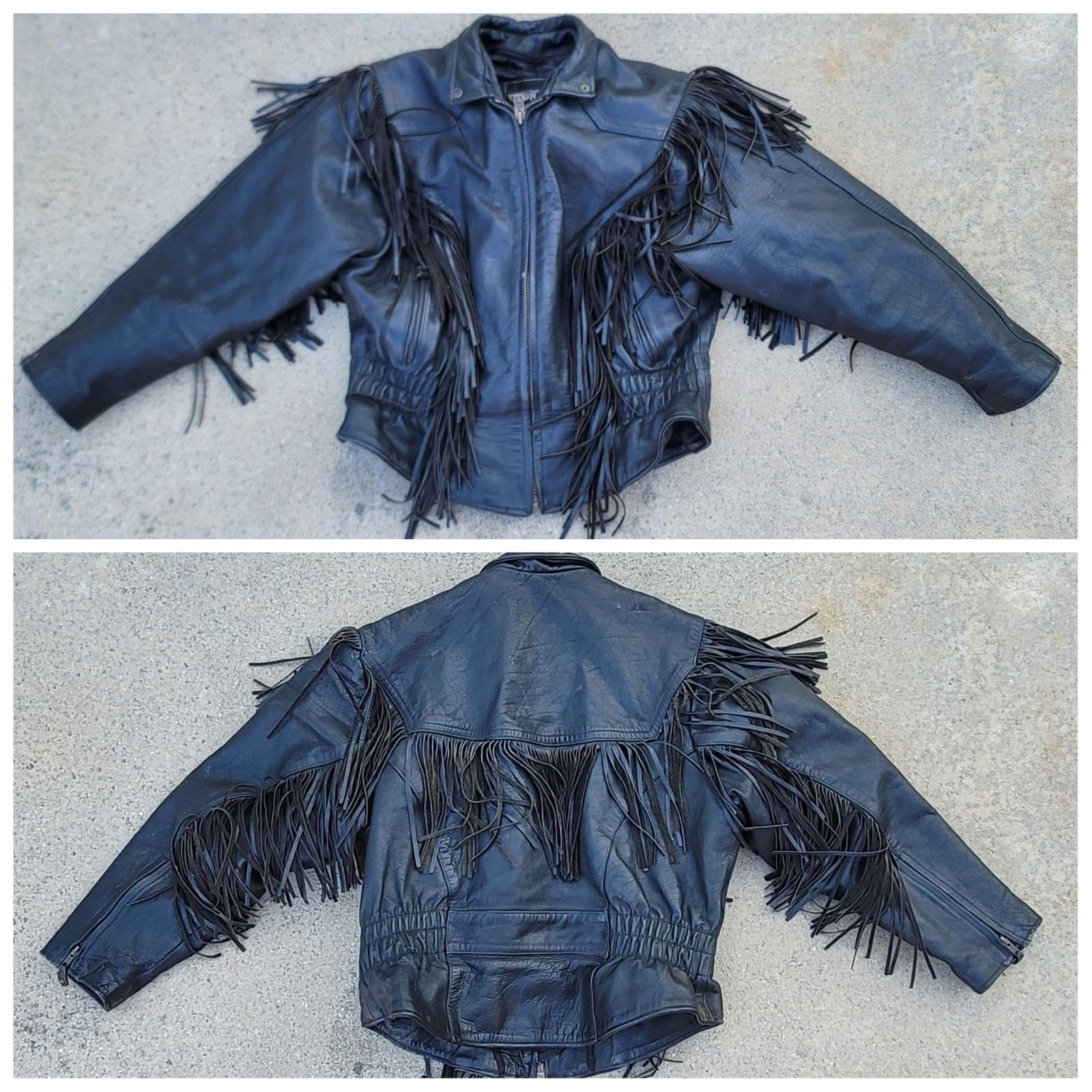 image of VTG Unik Fringe Leather Motorcycle Jacket W/ Cinched Waist in Black, Women's (Size 2XL)