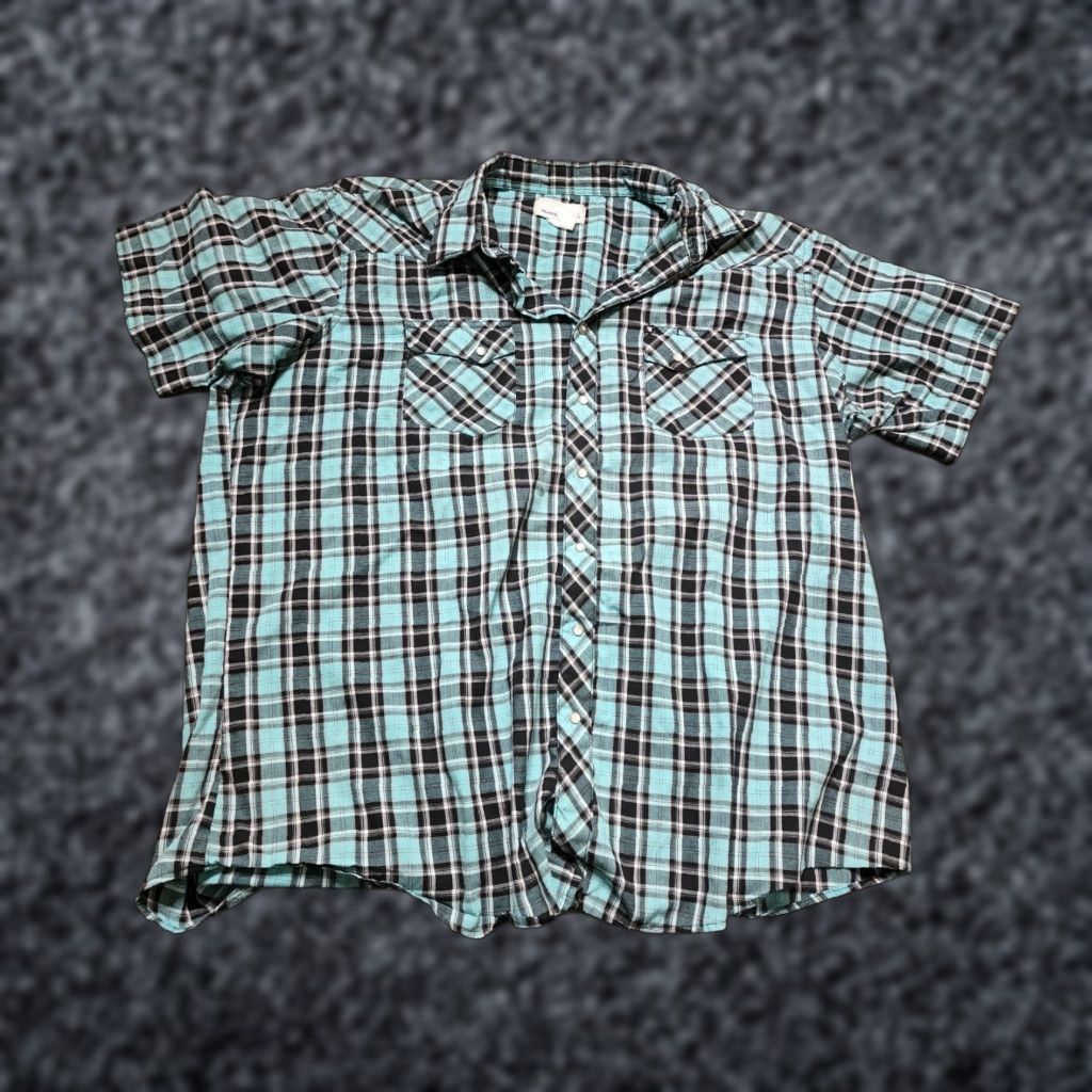 Wrangler VINTAGE Wrangler Shirt Mens 2XL Plaid Western Pearl Snap Short Sleeve Blue Turquoise Rockabilly Cowboy Womens Men Size US XXL / EU 58 / 5 - 1 Thumbnail