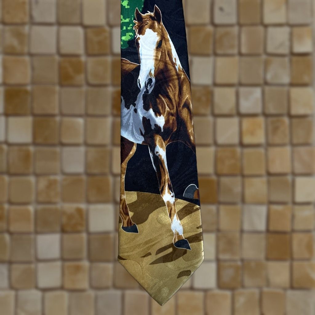 Vintage Steven Harris Men Tie Horse Theme 100% Polyester Black Classic 57"-60" Handmade Size ONE SIZE - 1 Thumbnail