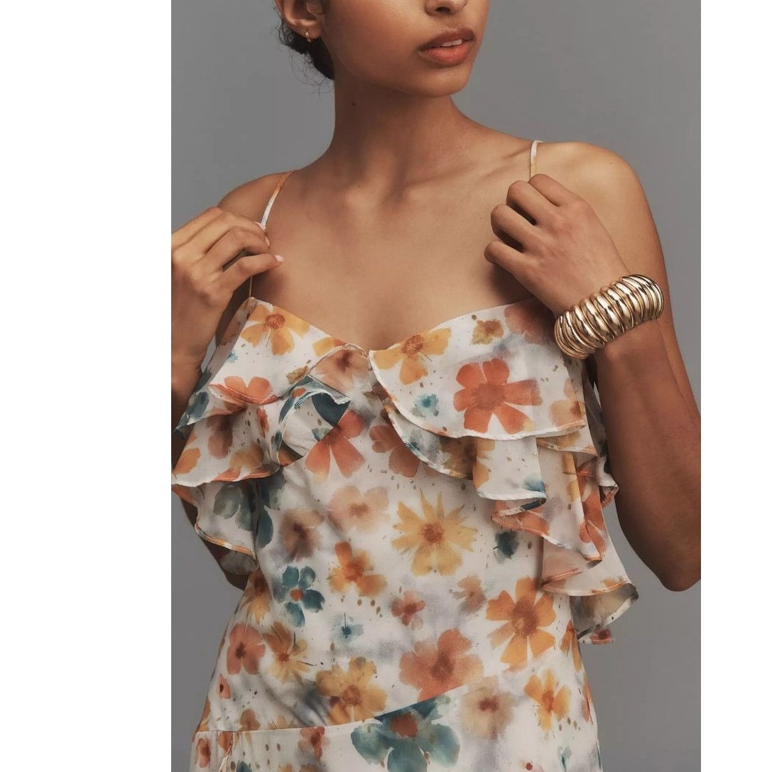Anthropologie NWT Sleeveless Asymmetric Ruffled Midi Dress $168 XS Floral Size XS / US 0-2 / IT 36-38 - 2 Thumbnail