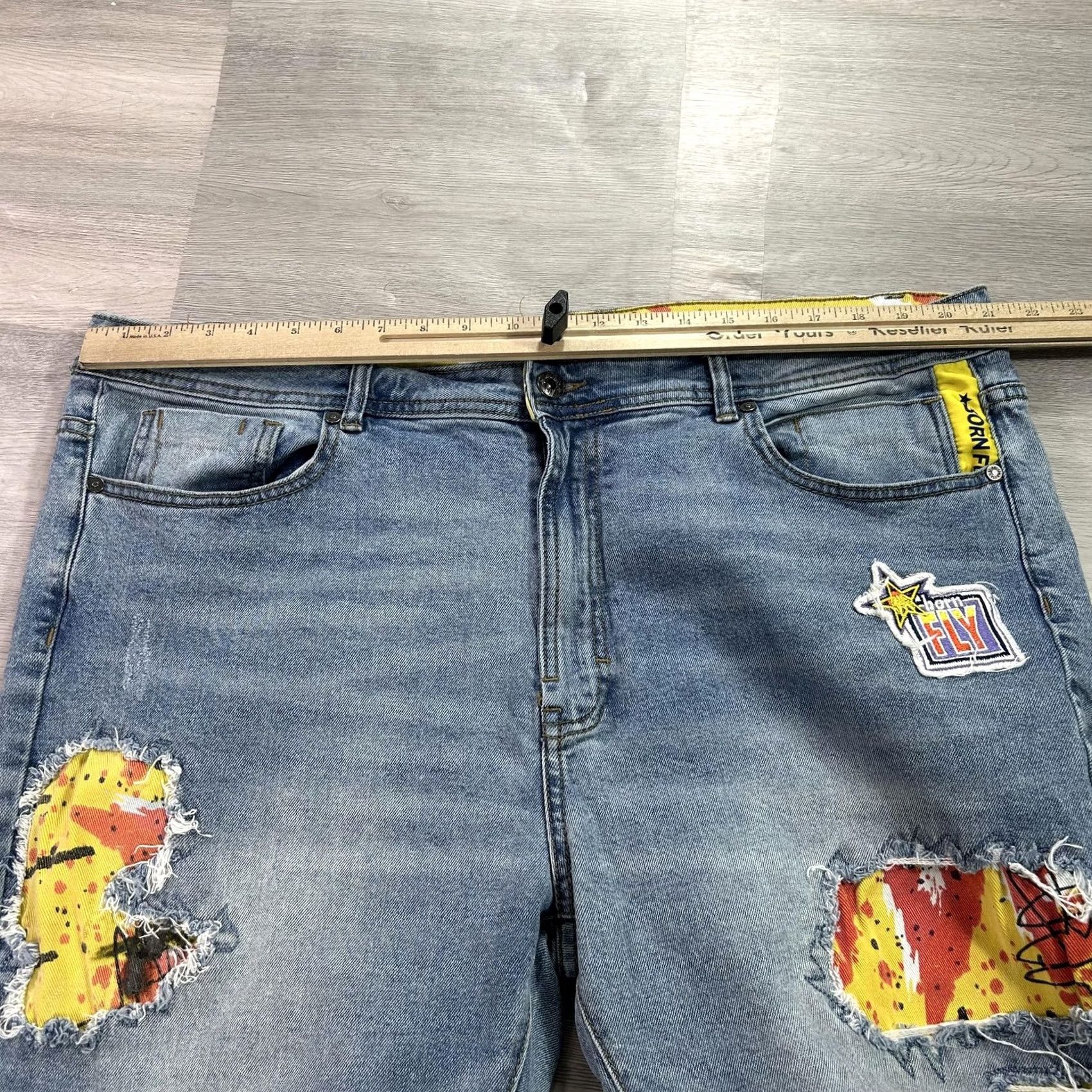 Born Born Fly Jeans Mens 42x34 Blue Distressed Stretch Straight Denim Light Wash Jeans Size US 42 / EU 58 - 6 Thumbnail