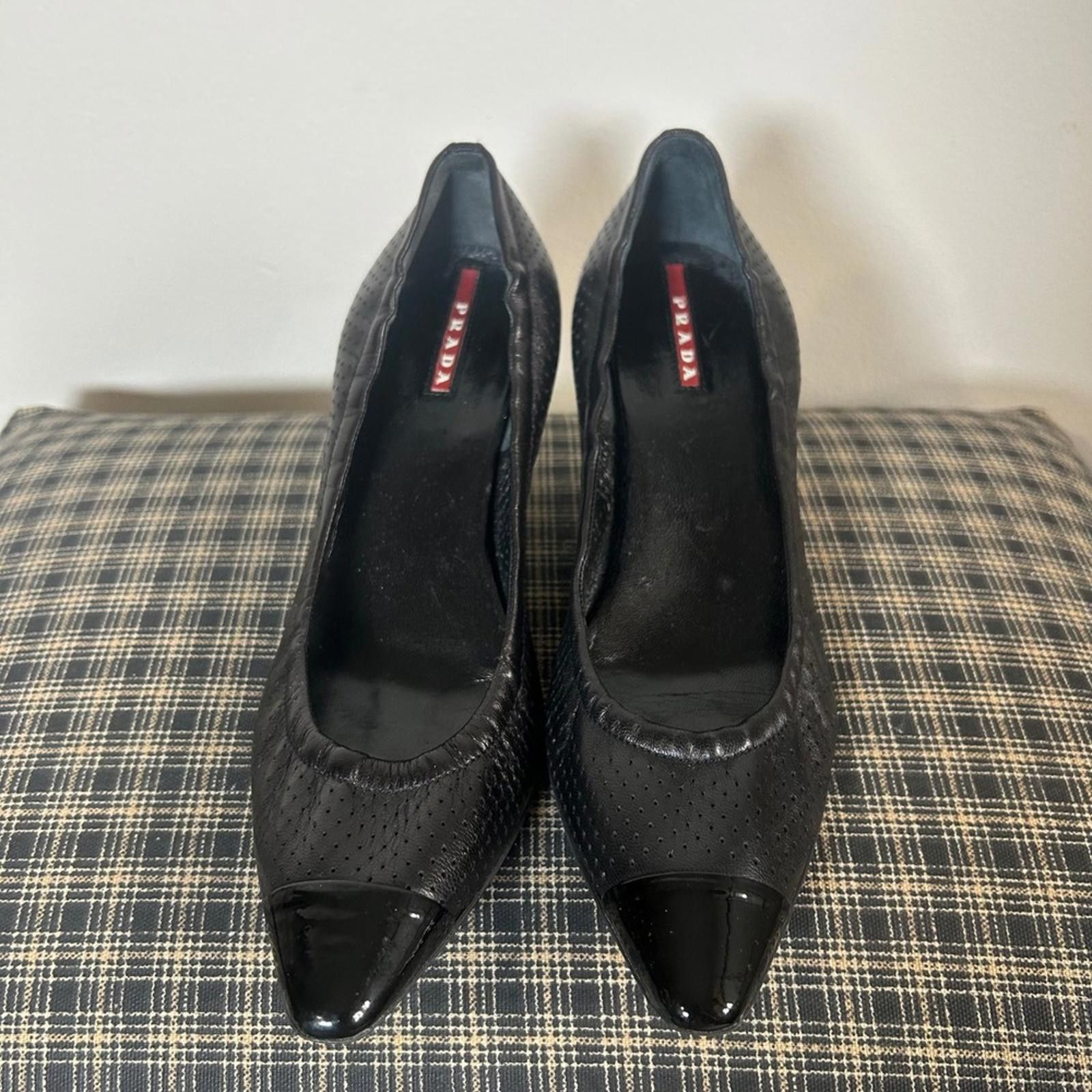 Prada Prada Black Leather Perforated Cap Toe Heels Pumps Size 37 Size US 7 / IT 37 - 2 Thumbnail