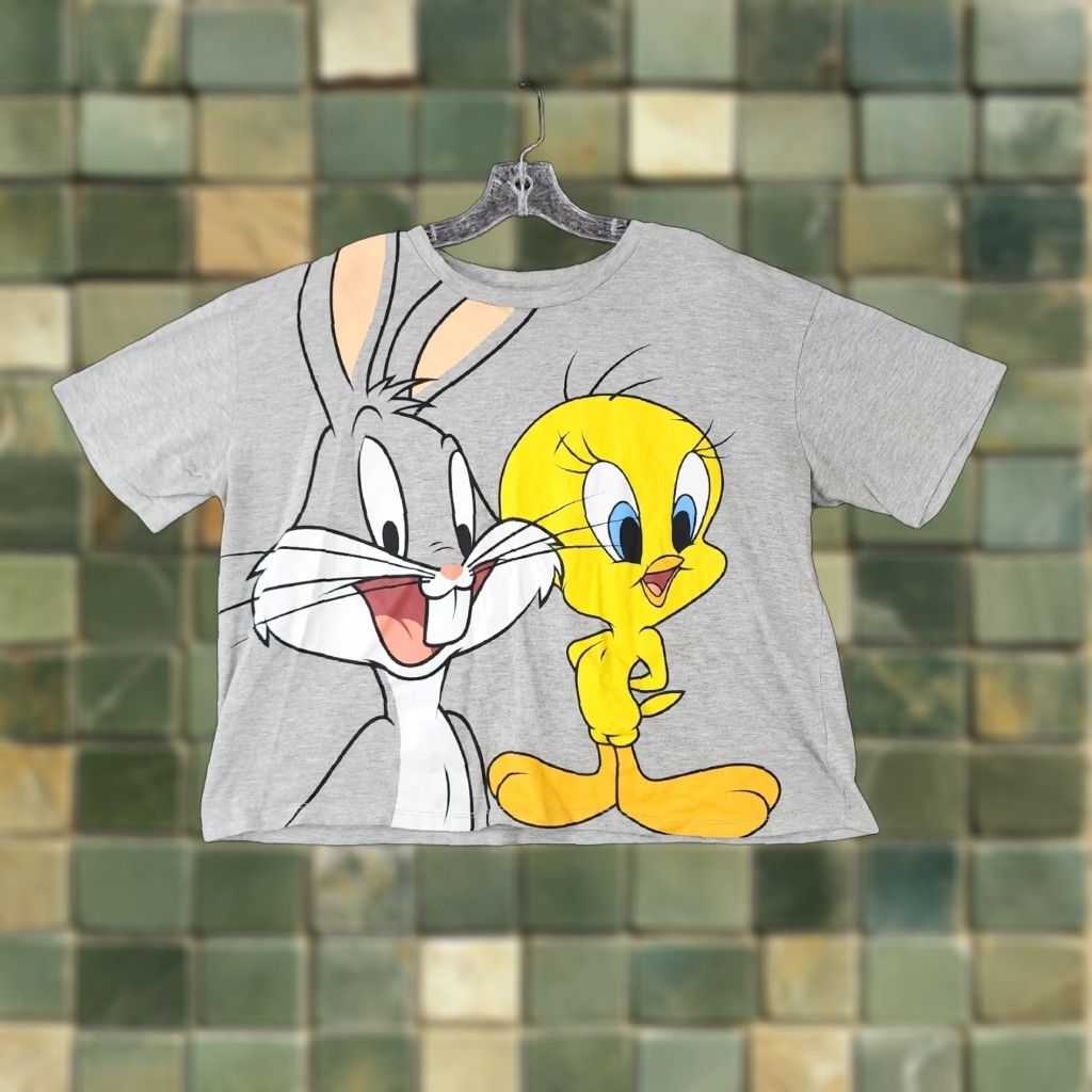 Vintage Looney Tunes Shirt Womens 2XL Gray Cropped Short Sleeve Bugs Tweety Tee Size 40" / US 18 - 1 Thumbnail
