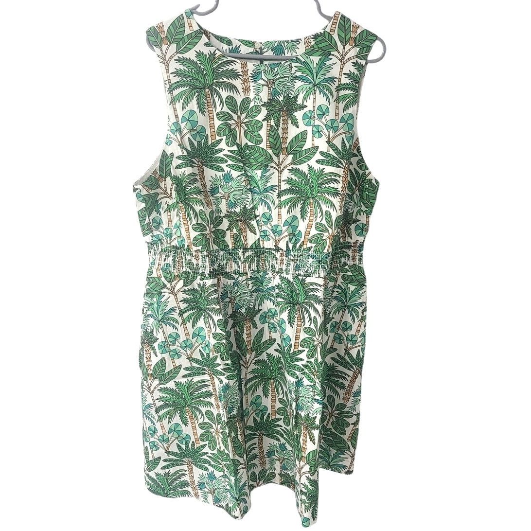 Boden Boden Smocked Waist Mini Dress White/Green Palm Trees -16-18 Size XXL / US 16-18 / IT 52-54 - 1 Thumbnail