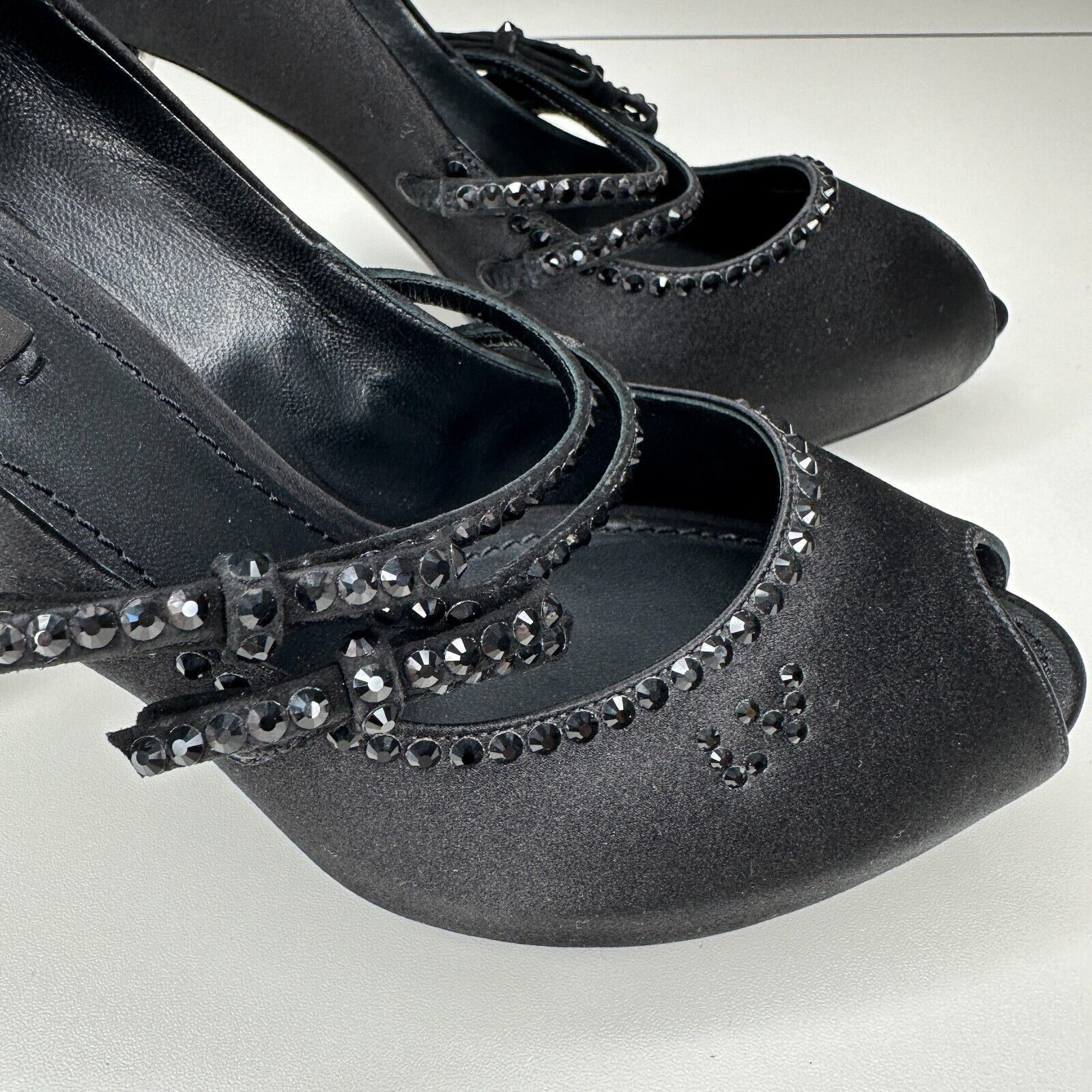 Louis Vuitton Louis Vuitton Black Satin Open Toe Crystal Strap Pumps 37.5 Size US 7 / IT 37 - 10 Thumbnail