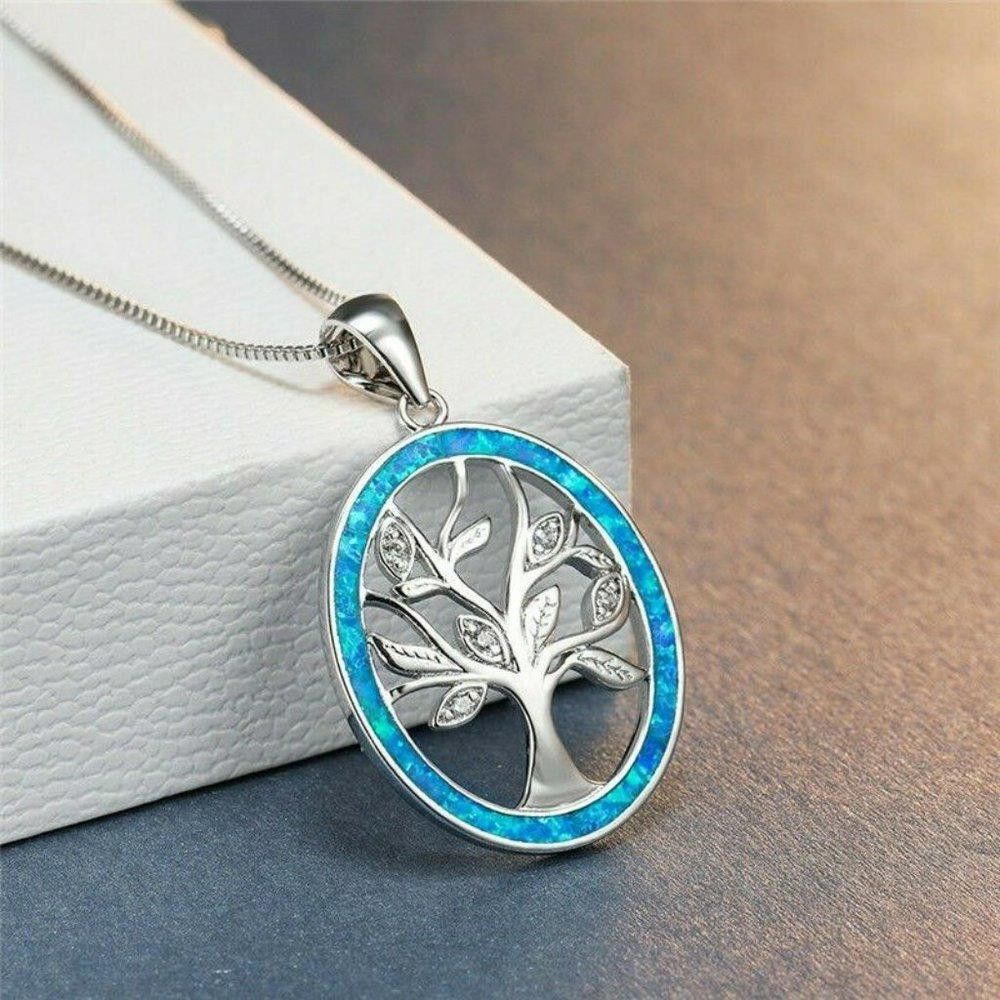 Designer Round Blue Opal Tree Of Life Silver Necklace Size ONE SIZE - 1 Thumbnail