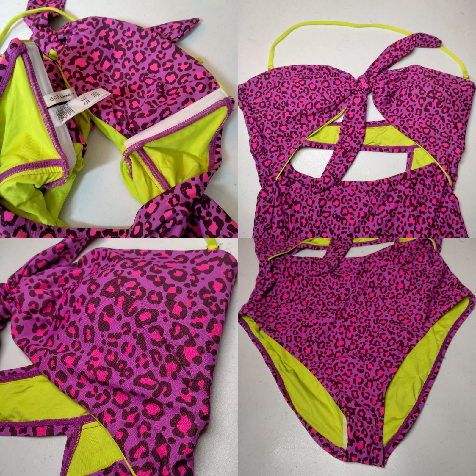 BCBGeneration BCBGGeneration Bathing Suit One Piece XL Purple Cat Print Neon Bandeau Size XL / US 12-14 / IT 48-50 - 10 Thumbnail