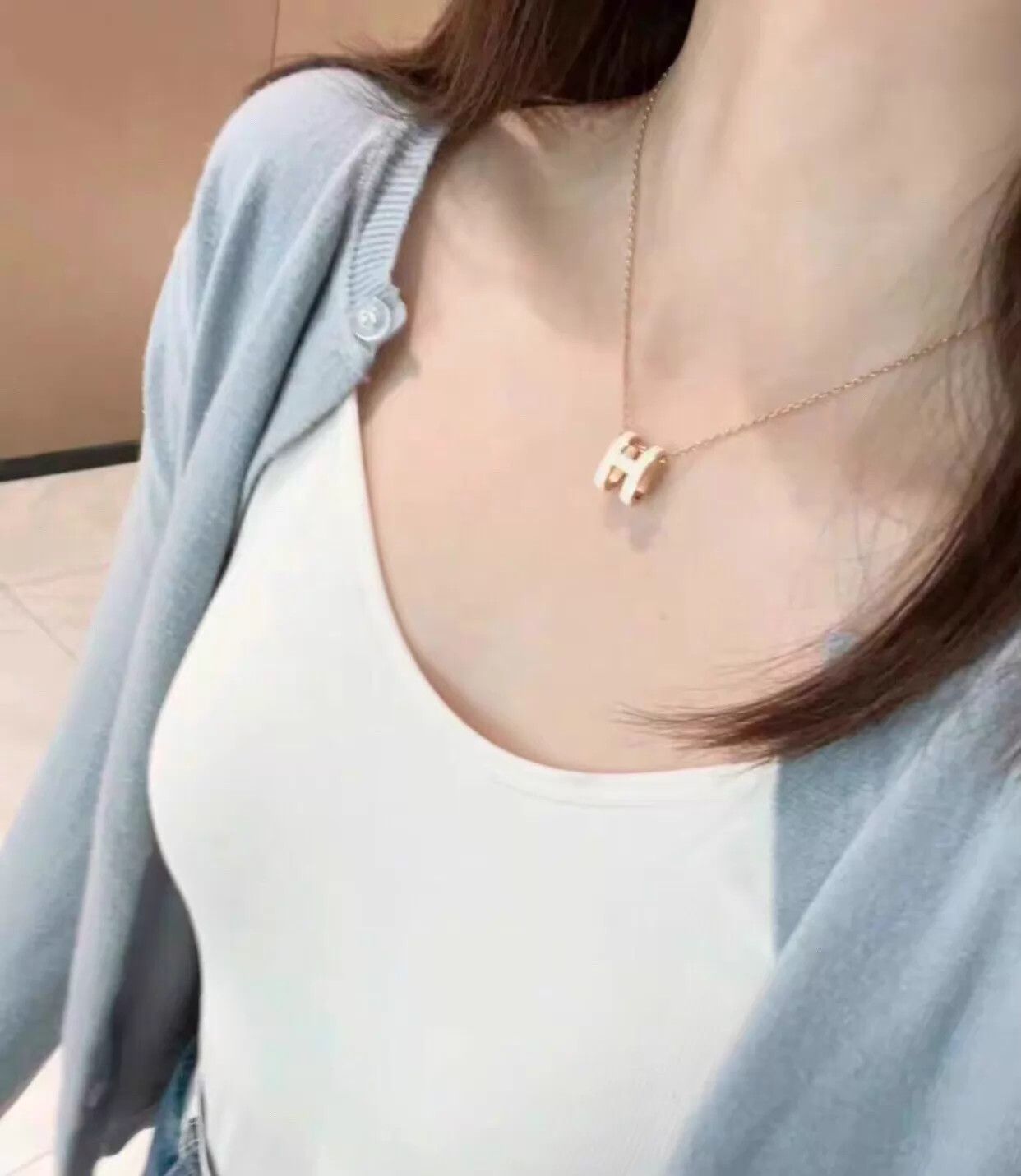 Hermes Hermes Pop H Mini White Enamel H Rose Gold 40cm Necklace Size ONE SIZE - 2 Thumbnail