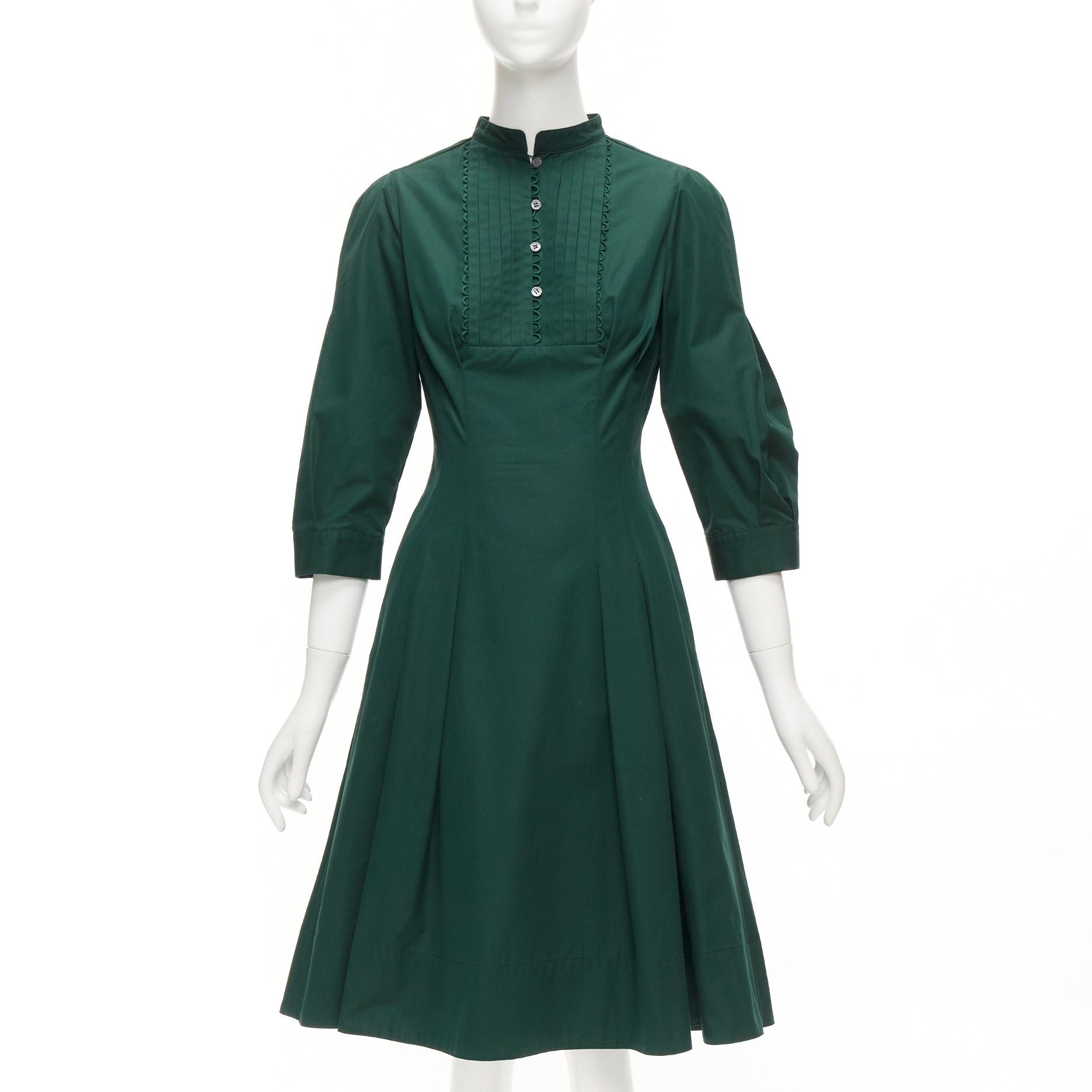 image of Oscar De La Renta 2019 Green Cotton Frill Trim Pleated Midi Shirt Dress Us0 Xs, Women's