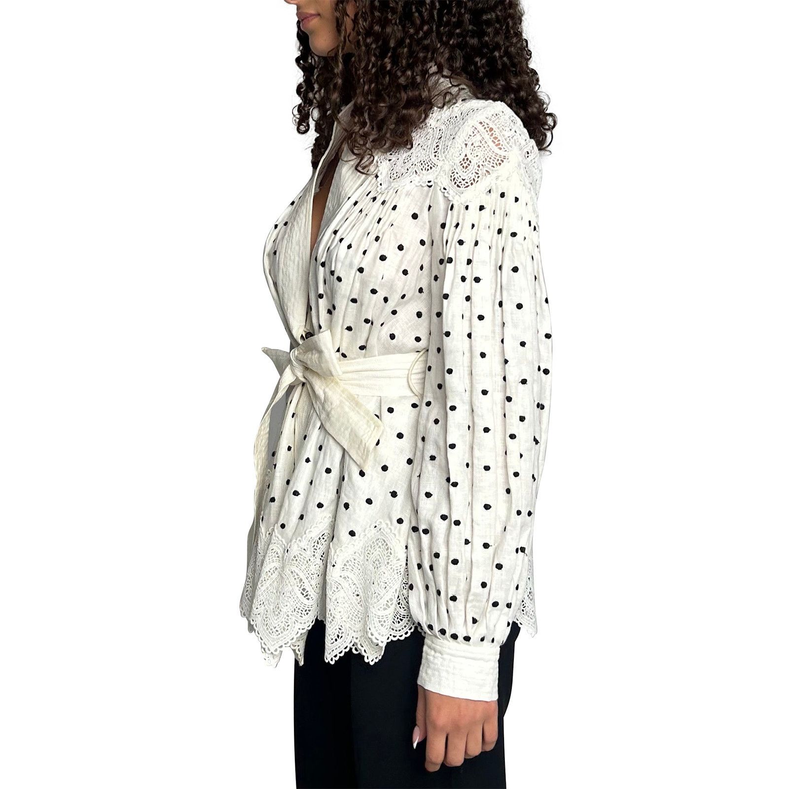 Zimmermann White and Black Polka Dot Wrap Blouse with Lace Size S / US 4 / IT 40 - 3 Thumbnail